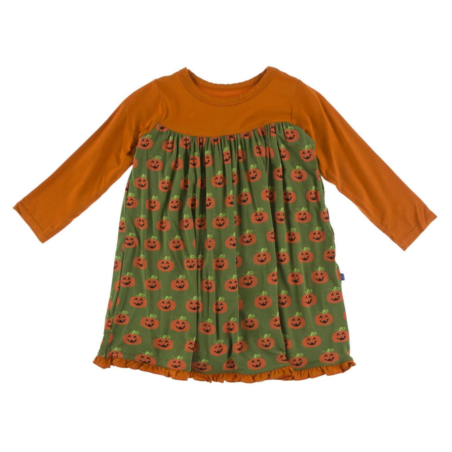 Print Classic Long Sleeve Swing Dress in Moss Jack O'Lantern