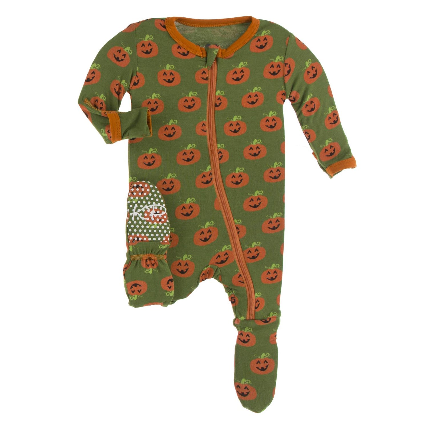 Print Footie with Zipper in Moss Jack O'Lantern