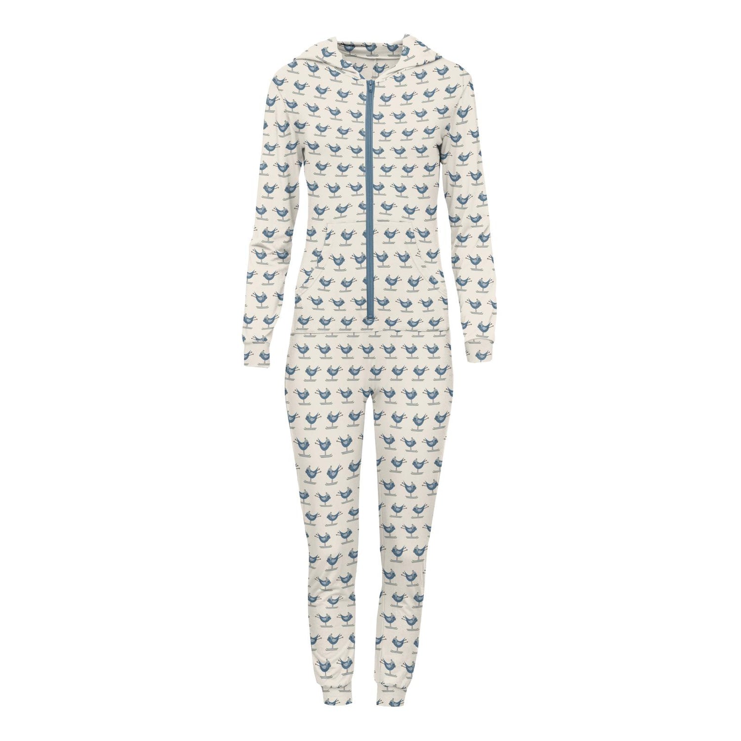 Women's Print Long Sleeve Jumpsuit with Hood in Natural Ski Birds