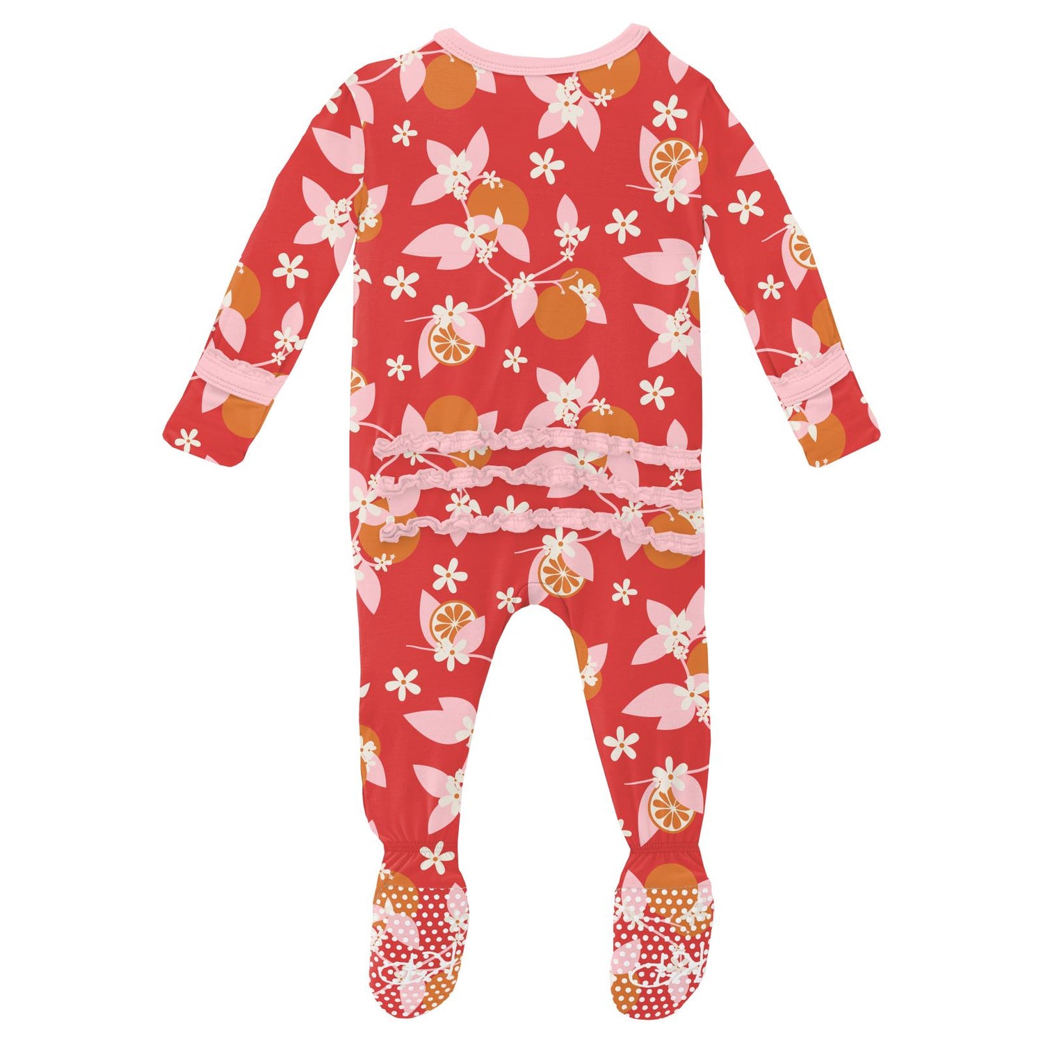 Print Muffin Ruffle Footie with Zipper in Poppy Orange Blossom