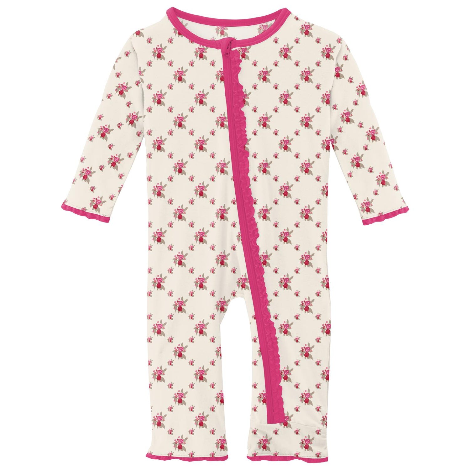 Print Muffin Ruffle Coverall with Zipper in Natural Rose Trellis