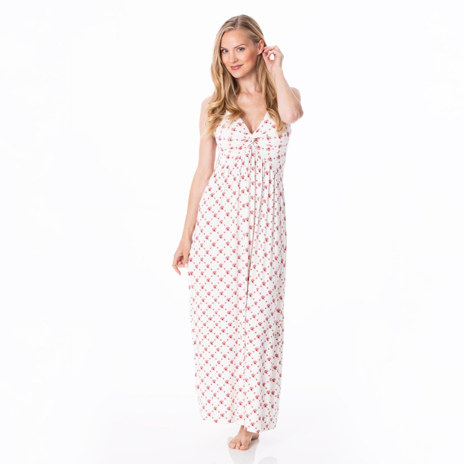 Women's Print Simple Twist Nightgown in Natural Rose Trellis