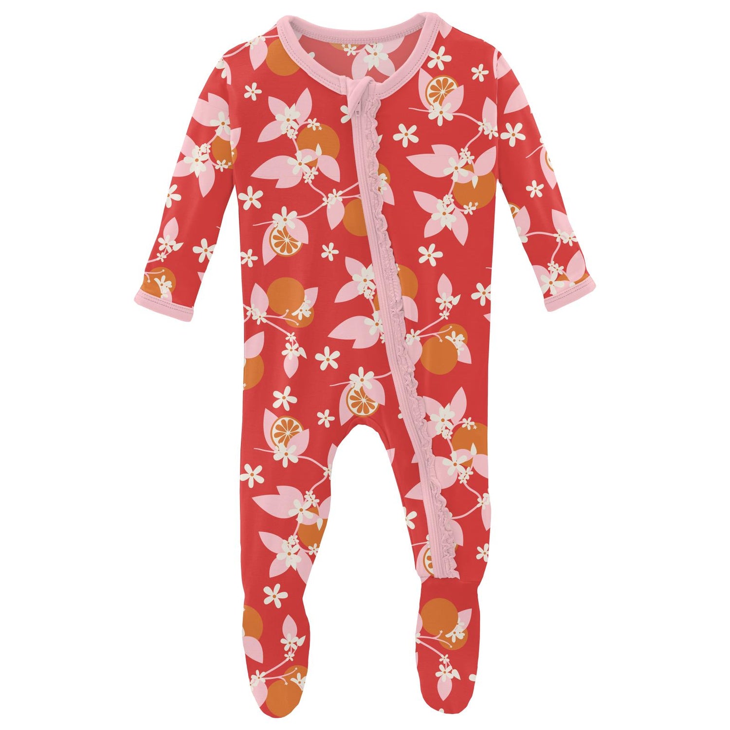 Print Muffin Ruffle Footie with Zipper in Poppy Orange Blossom