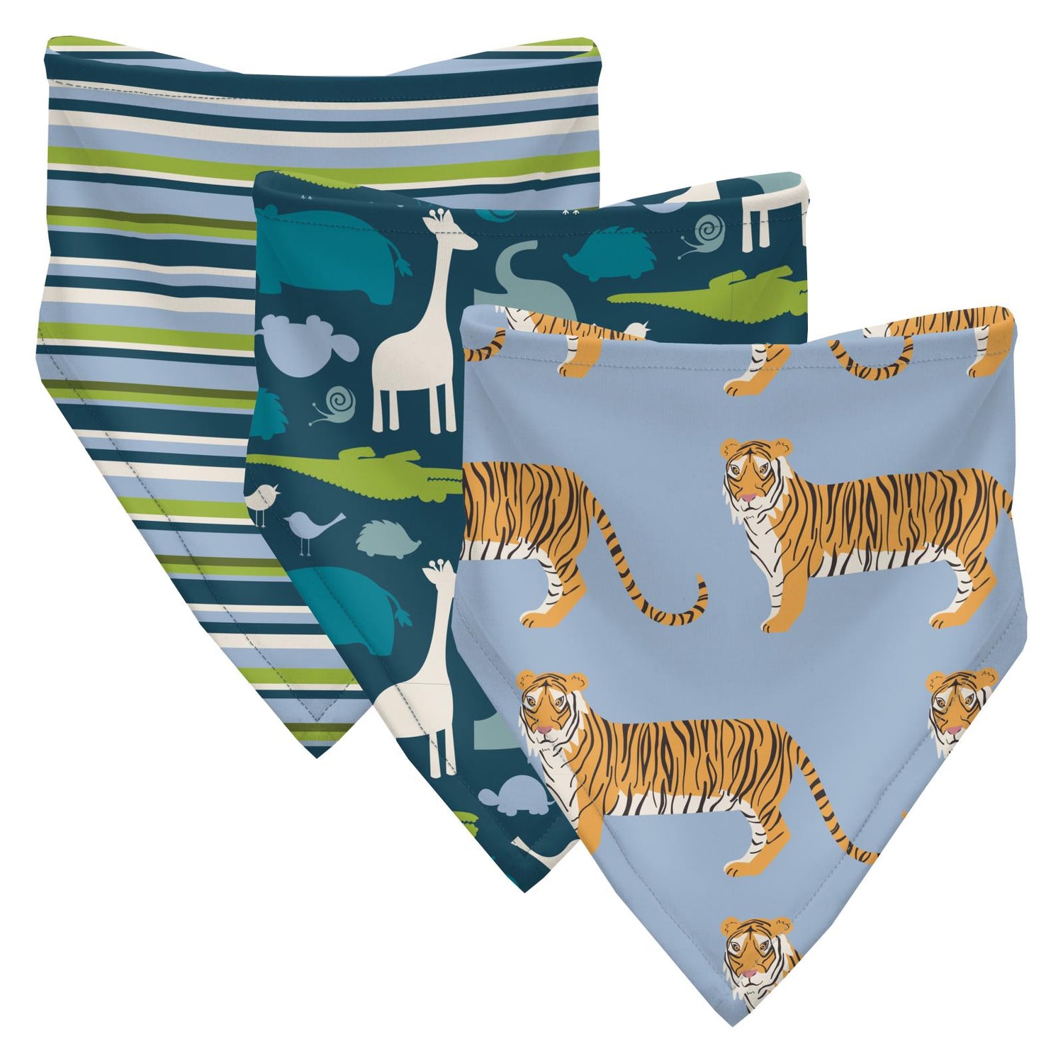 Print Bandana Bib Set of 3 in Anniversary Sailaway Stripe, Peacock Multi-Animal & Pond Tigers