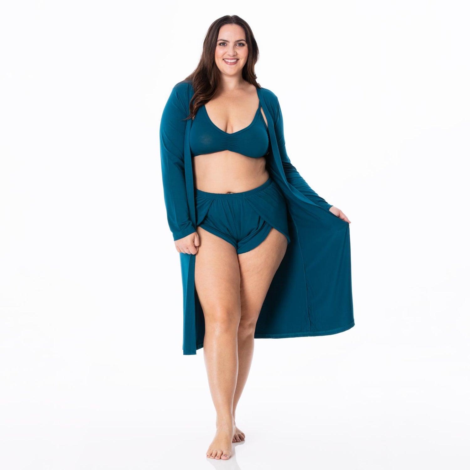 Women's Sleeping Bra, Tulip Shorts and Duster Robe Set in Peacock