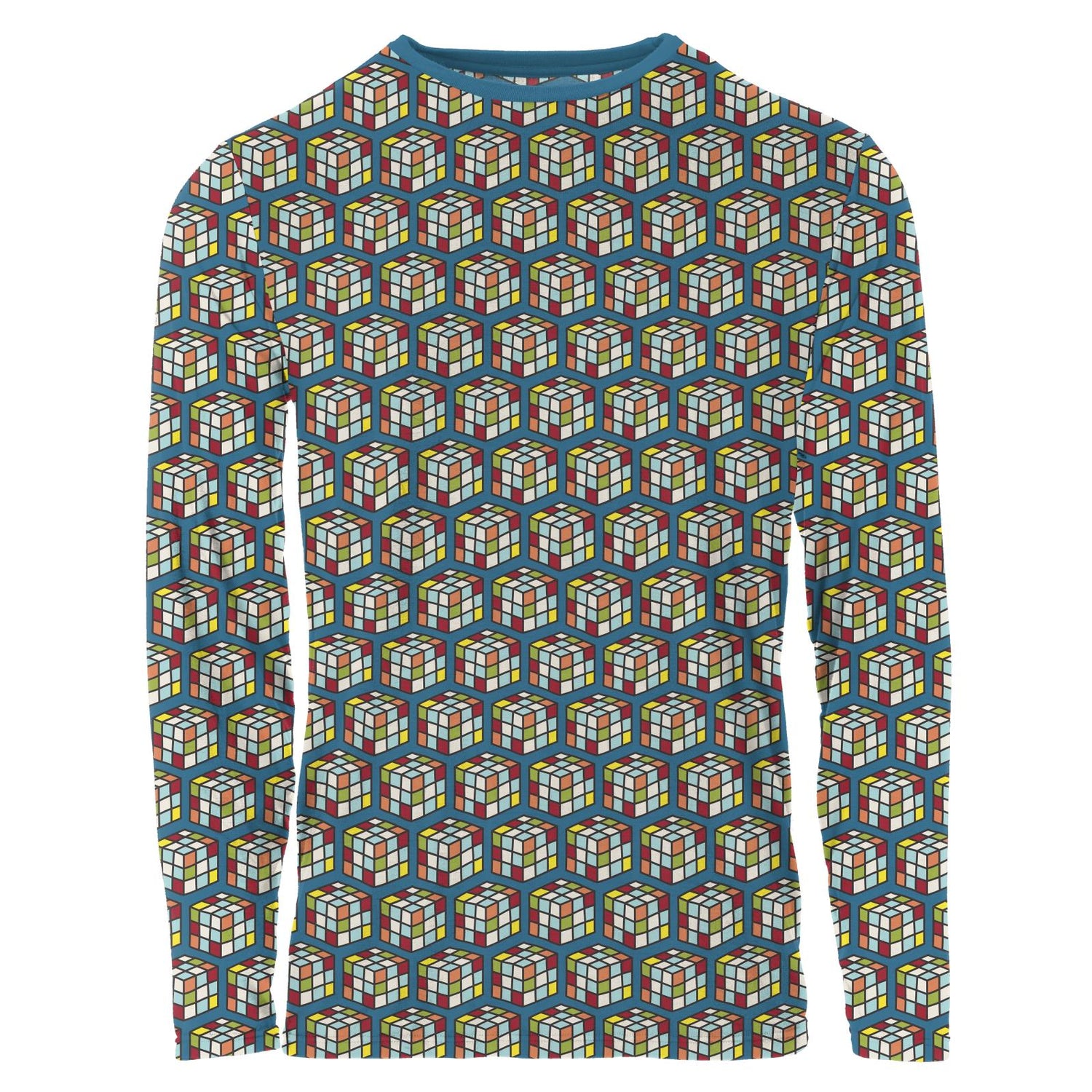 Men's Print Long Sleeve Crew Neck Tee in Cerulean Blue Puzzle Cube