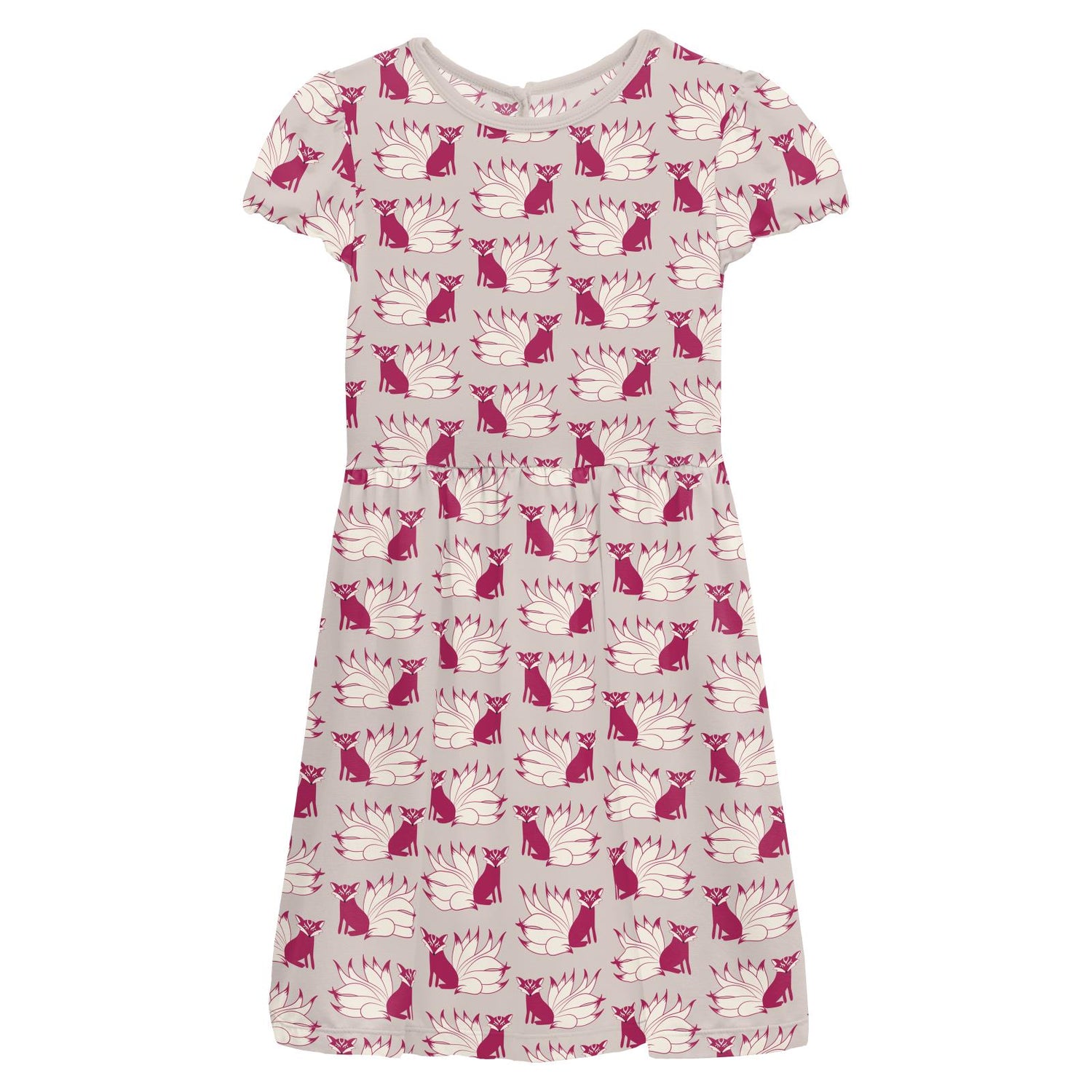 Print Flutter Sleeve Twirl Dress with Pockets in Latte Kitsune