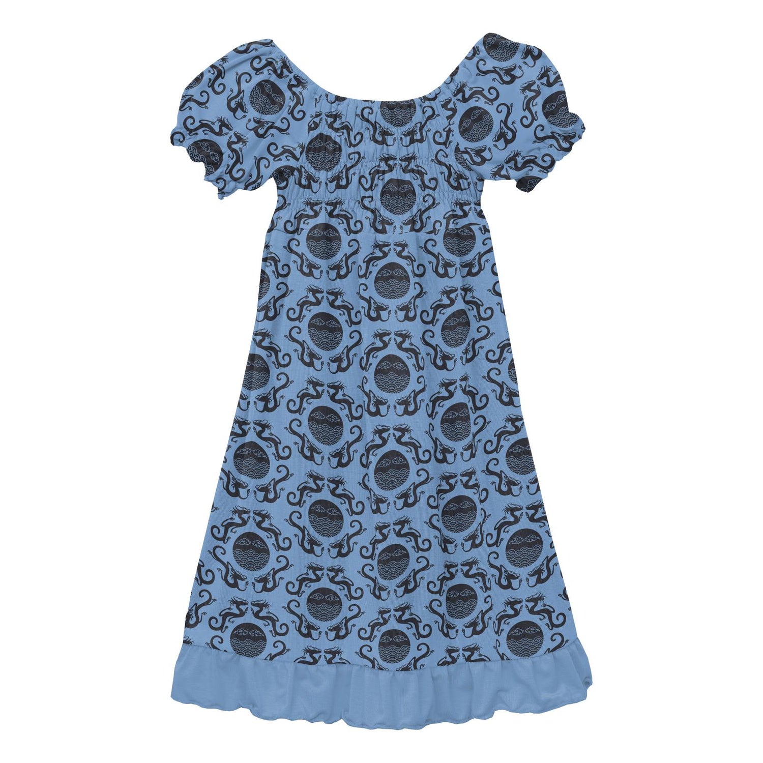 Print Short Sleeve Gathered Dress in Dream Blue Four Dragons