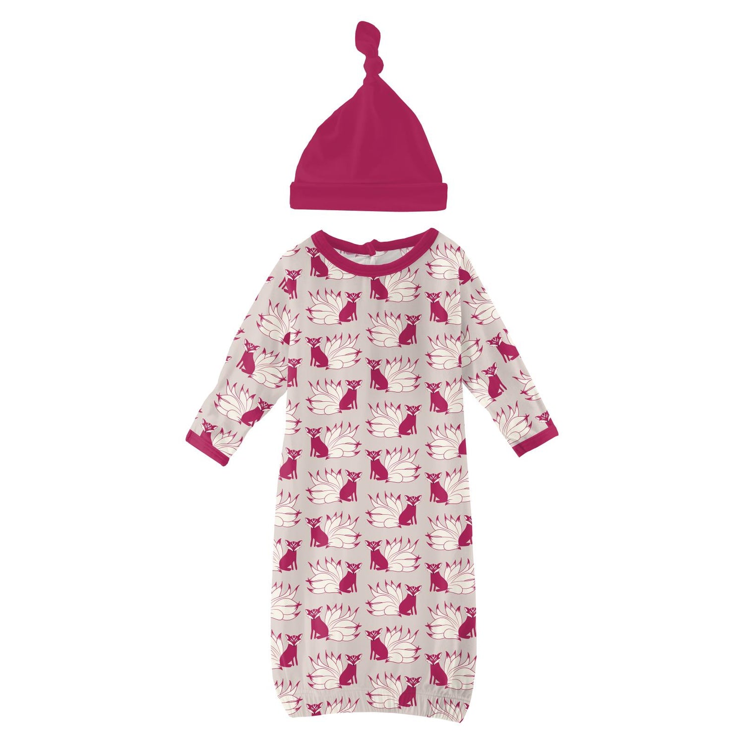 Print Layette Gown & Single Knot Hat Set in Latte Kitsune