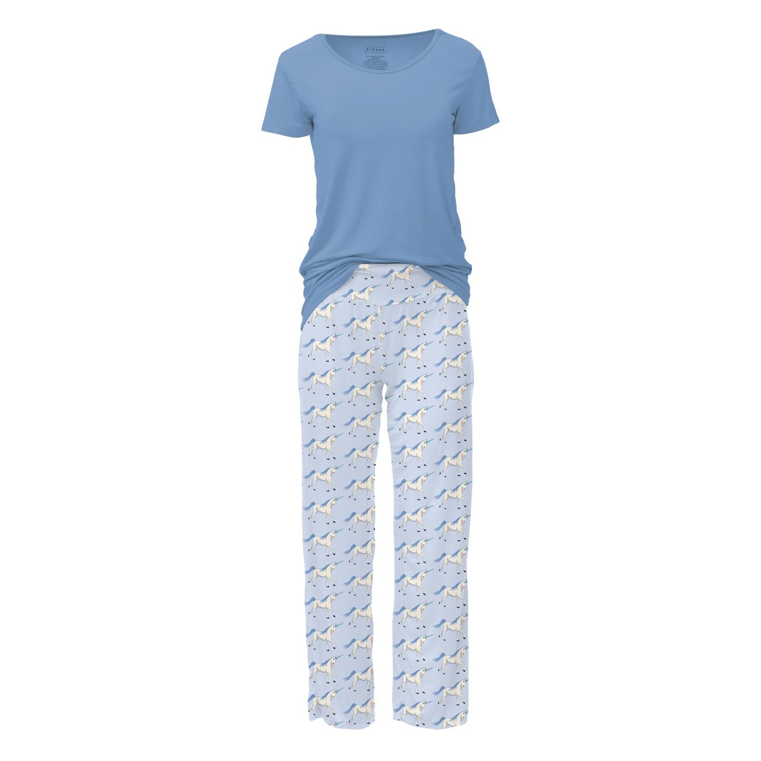 Women's Print Short Sleeve Loosey Goosey Tee & Pajama Pants Set in Dew Prancing Unicorn