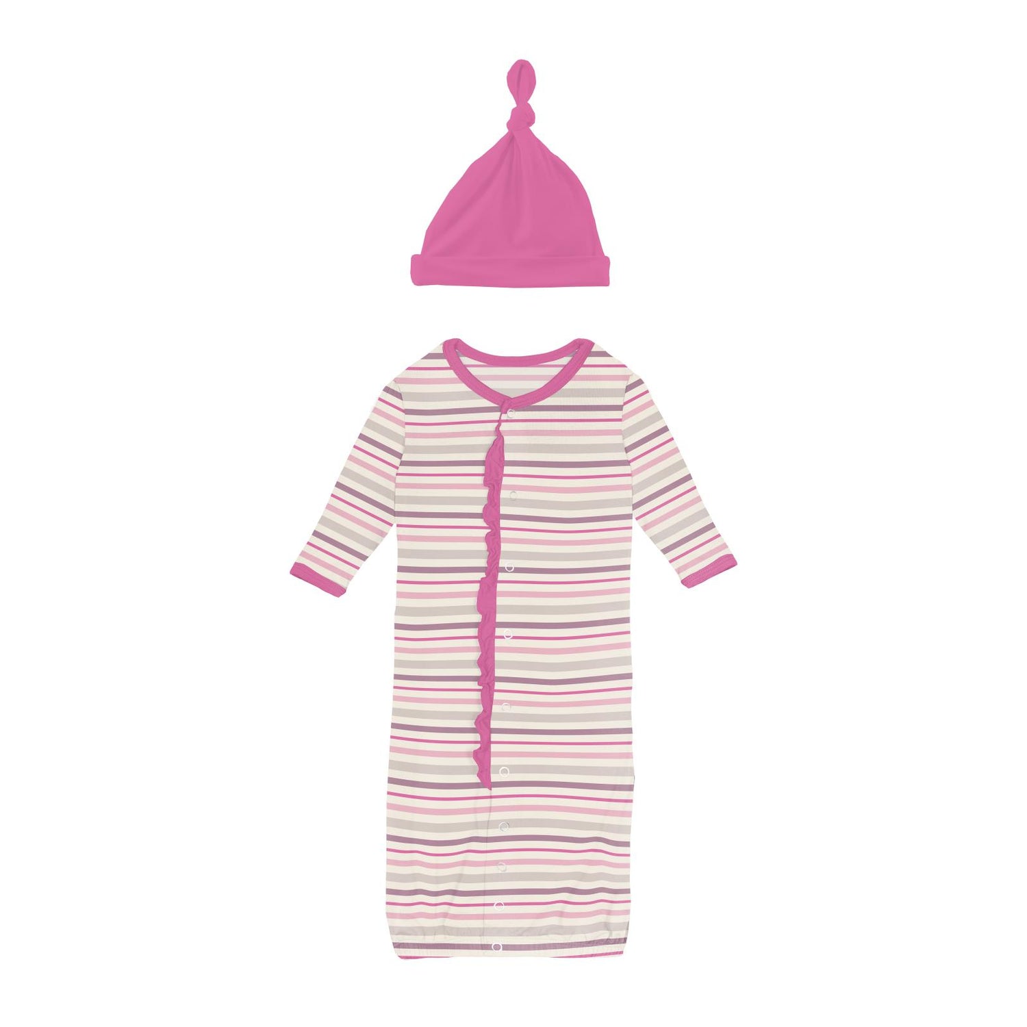 Print Ruffle Layette Gown Converter & Knot Hat Set in Whimsical Stripe