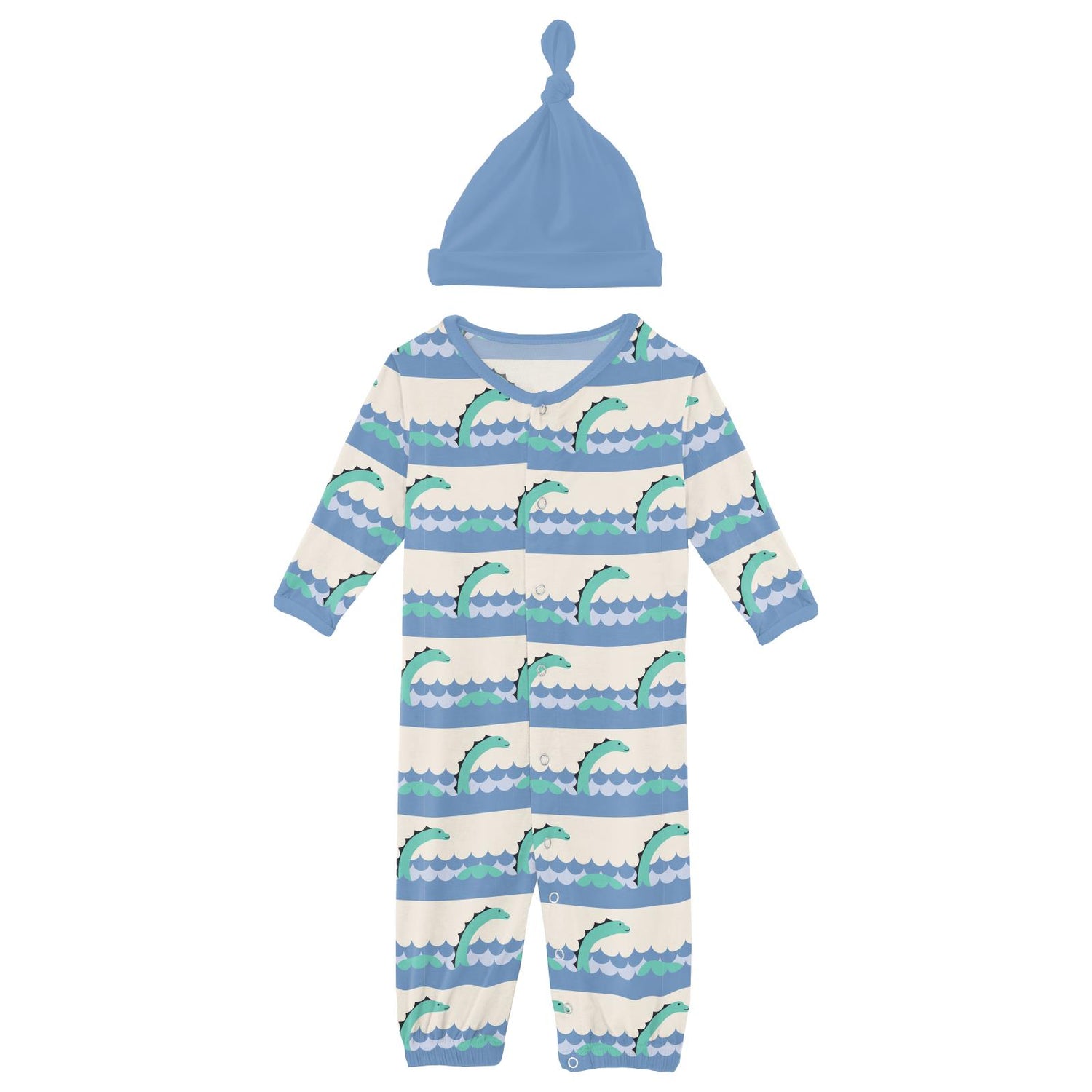 Print Layette Gown Converter & Single Knot Hat Set in Natural Sea Monster