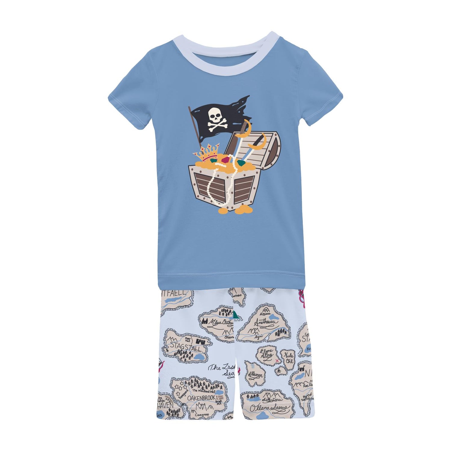 Short Sleeve Graphic Tee Pajama Set with Shorts in Dew Pirate Map