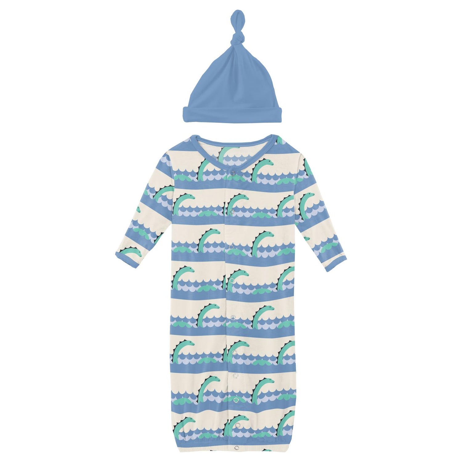 Print Layette Gown Converter & Single Knot Hat Set in Natural Sea Monster