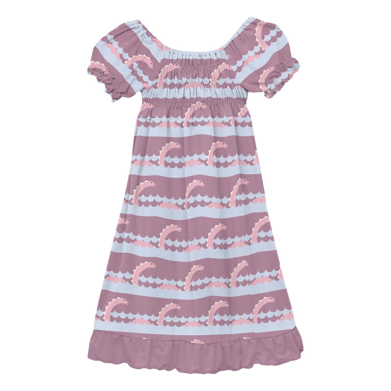 Print Short Sleeve Gathered Dress in Pegasus Sea Monster