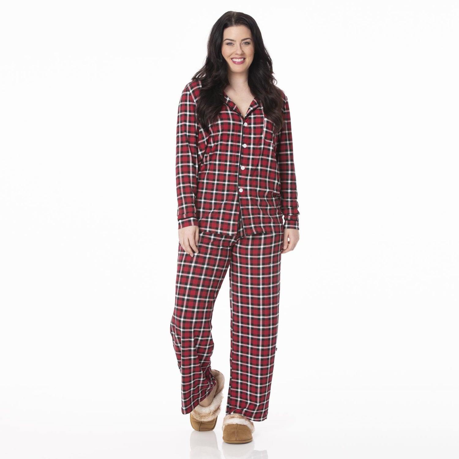 Print Woven Collared Pajama Set in Crimson Holiday Plaid