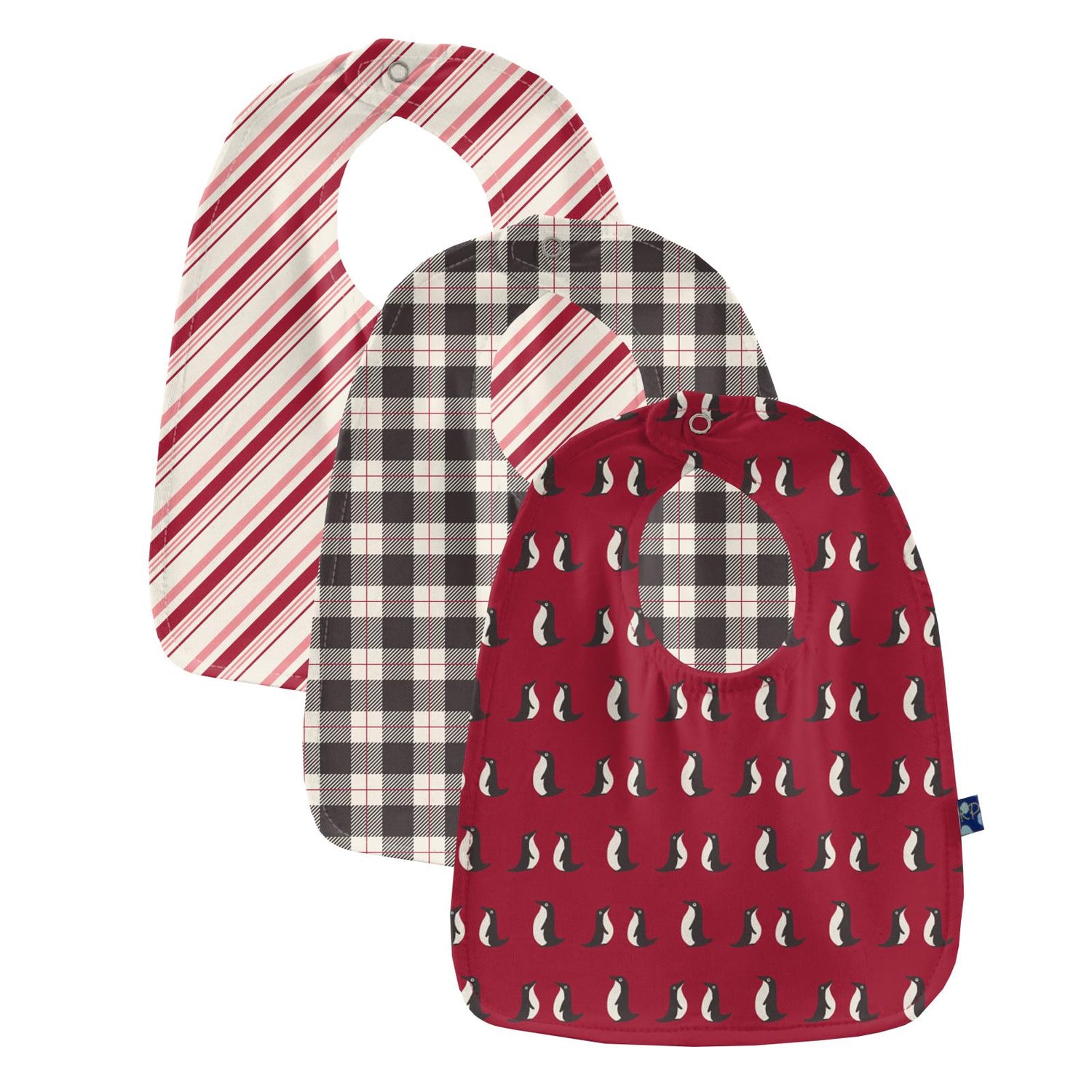 Bib Set in Crimson Penguins, Midnight Holiday Plaid & Strawberry Candy Cane Stripe