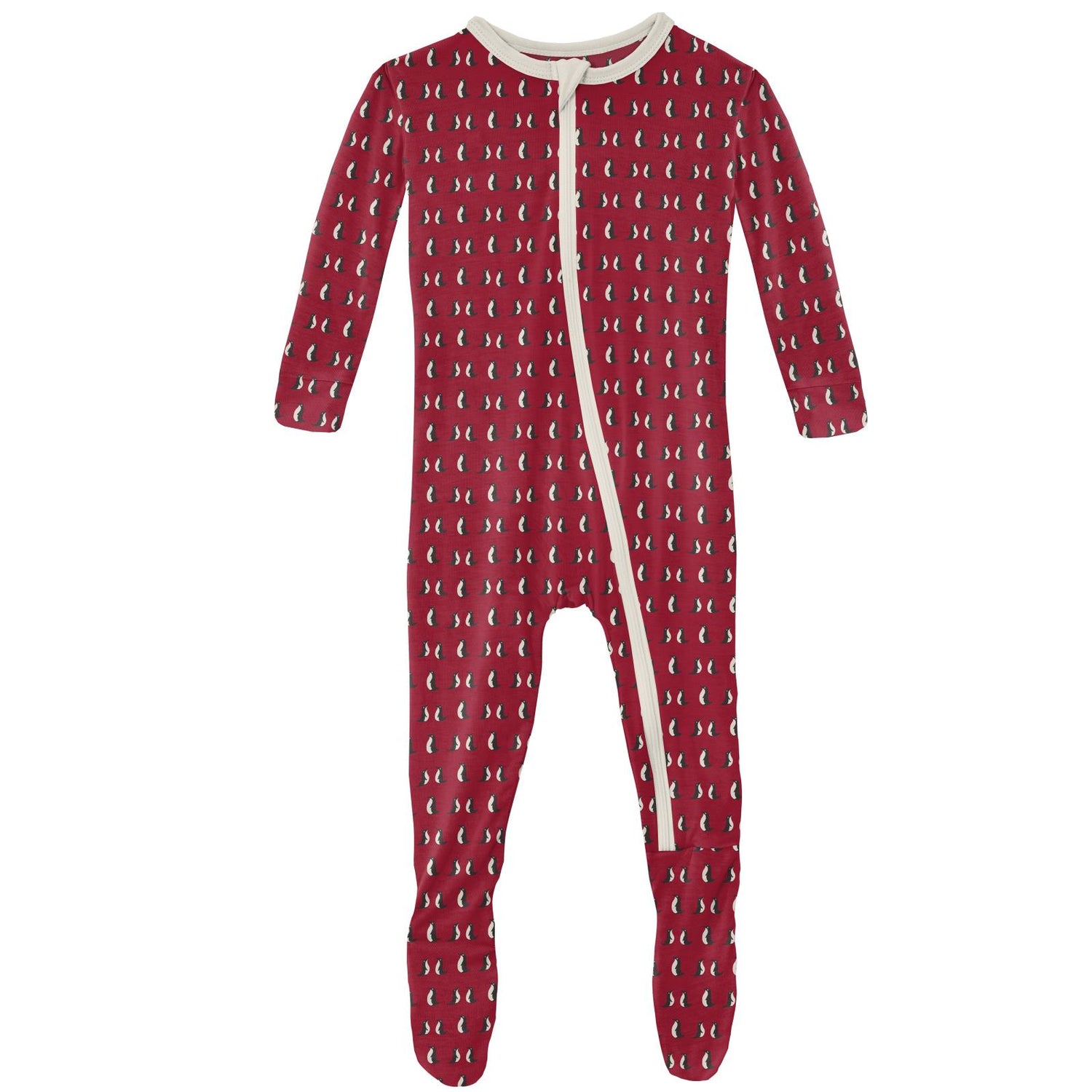 Print Footie with Zipper in Crimson Penguins