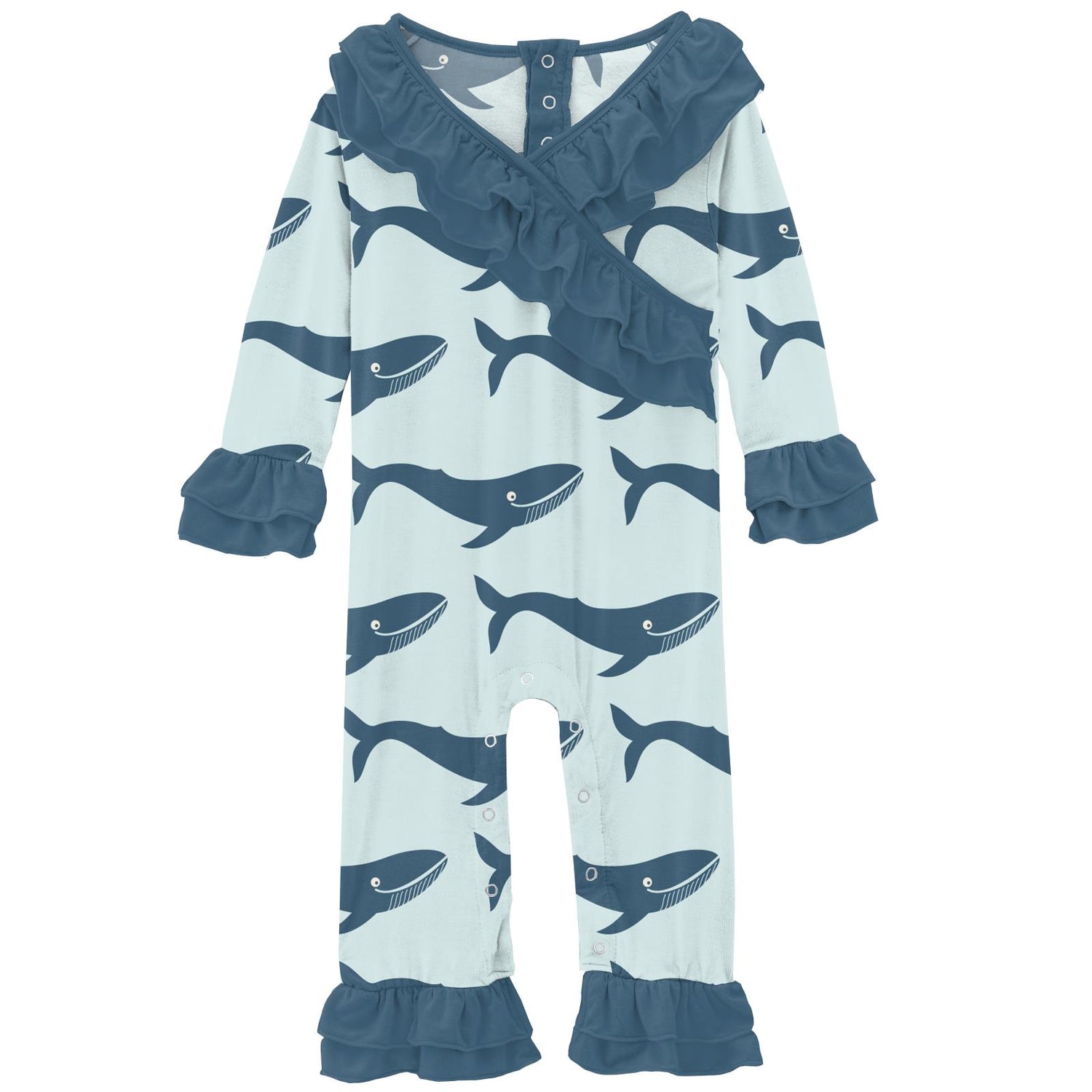 Print Long Sleeve Kimono Double Ruffle Romper in Fresh Air Blue Whales