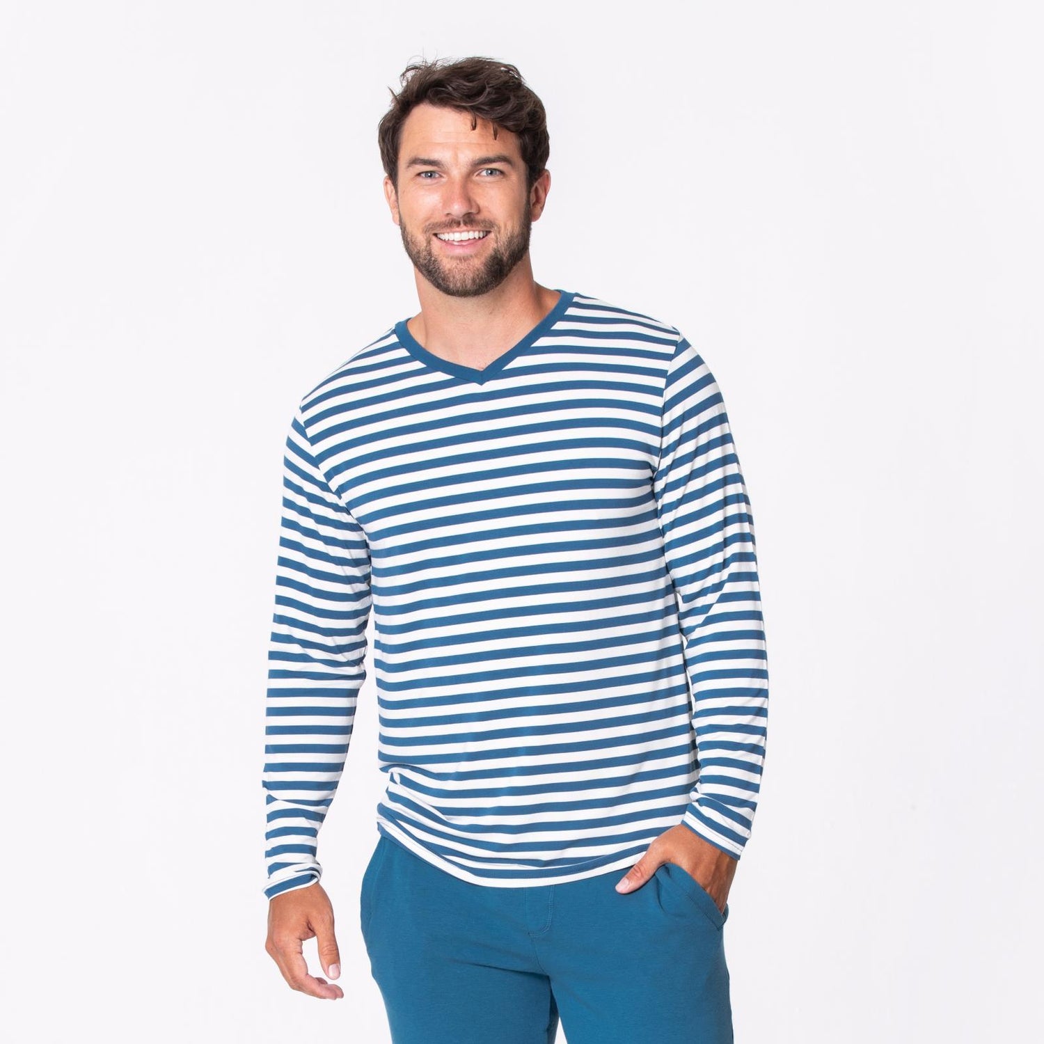 Men's Print Long Sleeve V-Neck Tee in Nautical Stripe