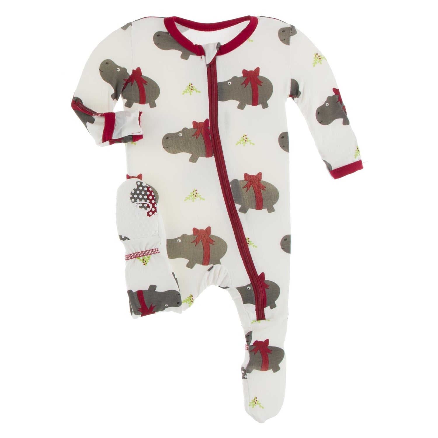 Print Footie with Zipper in Natural Christmas Hippo