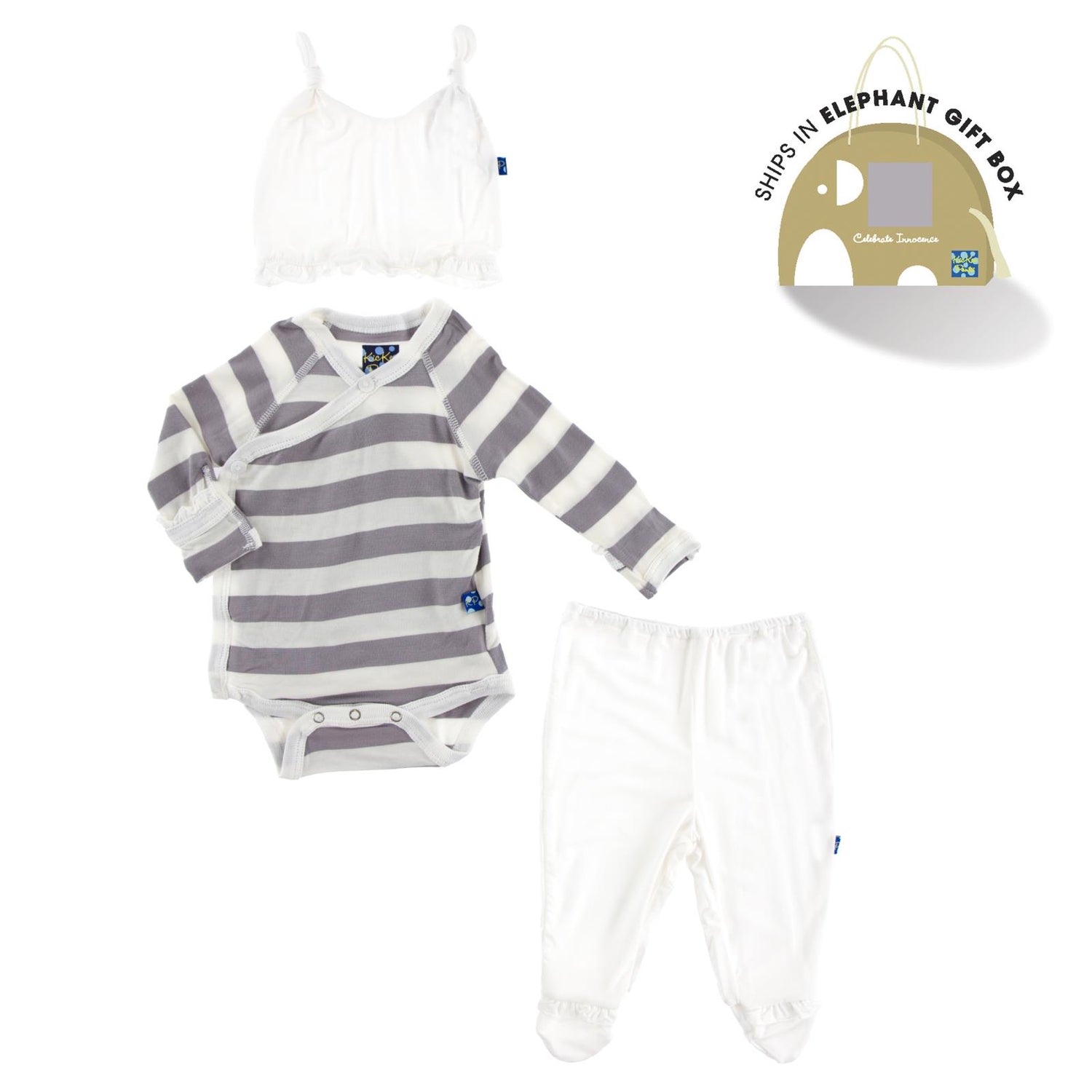 Ruffle Kimono Newborn Gift Set with Elephant Box in Feather Contrast Stripe