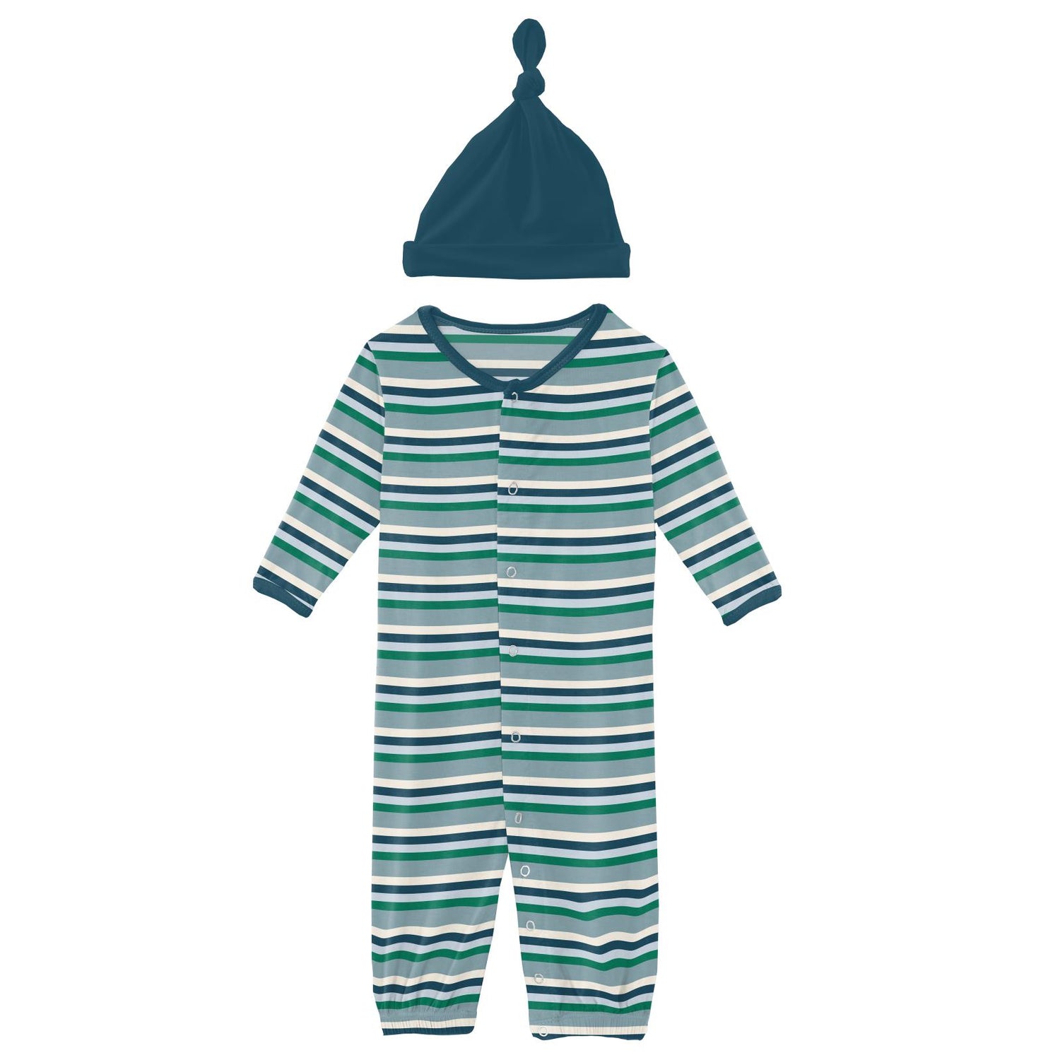 Print Layette Gown Converter & Single Knot Hat Set in Stormy Sea Stripe