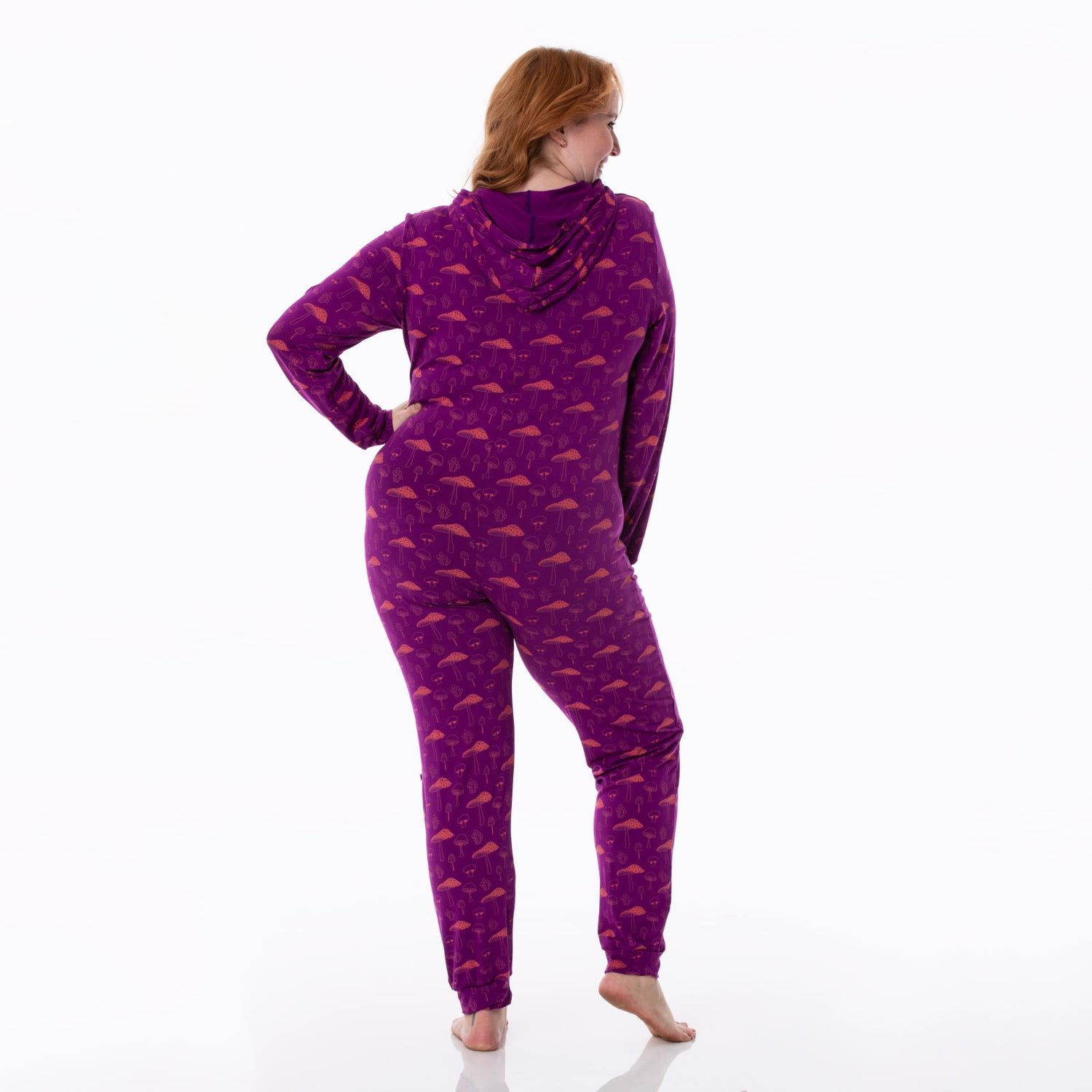 Women's Print Long Sleeve Jumpsuit with Hood in Starfish Mushrooms