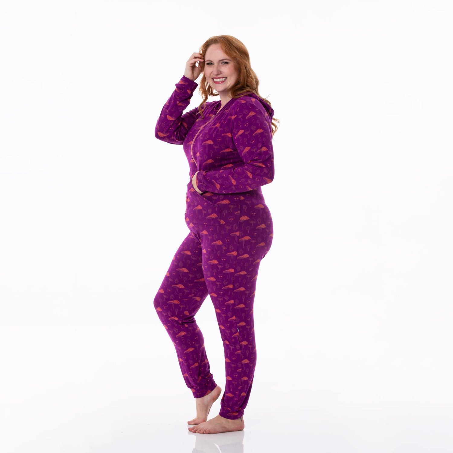 Women's Print Long Sleeve Jumpsuit with Hood in Starfish Mushrooms