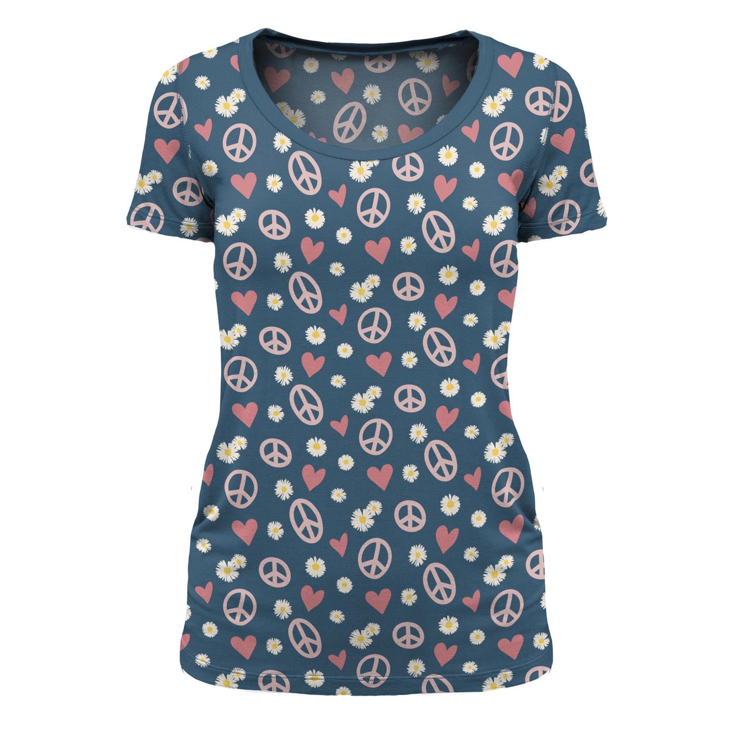 Women's Print Short Sleeve Scoop Neck Tee in Peace, Love and Happiness