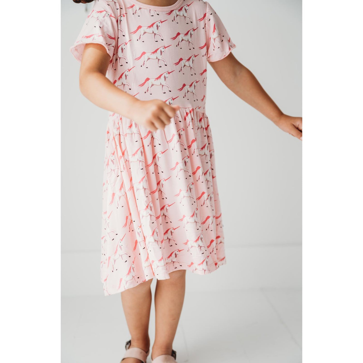 Print Flutter Sleeve Twirl Dress with Pockets in Cake Pop Prancing Unicorn