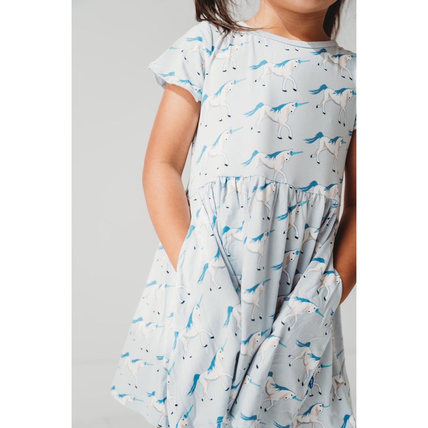 Print Flutter Sleeve Twirl Dress with Pockets in Dew Prancing Unicorn