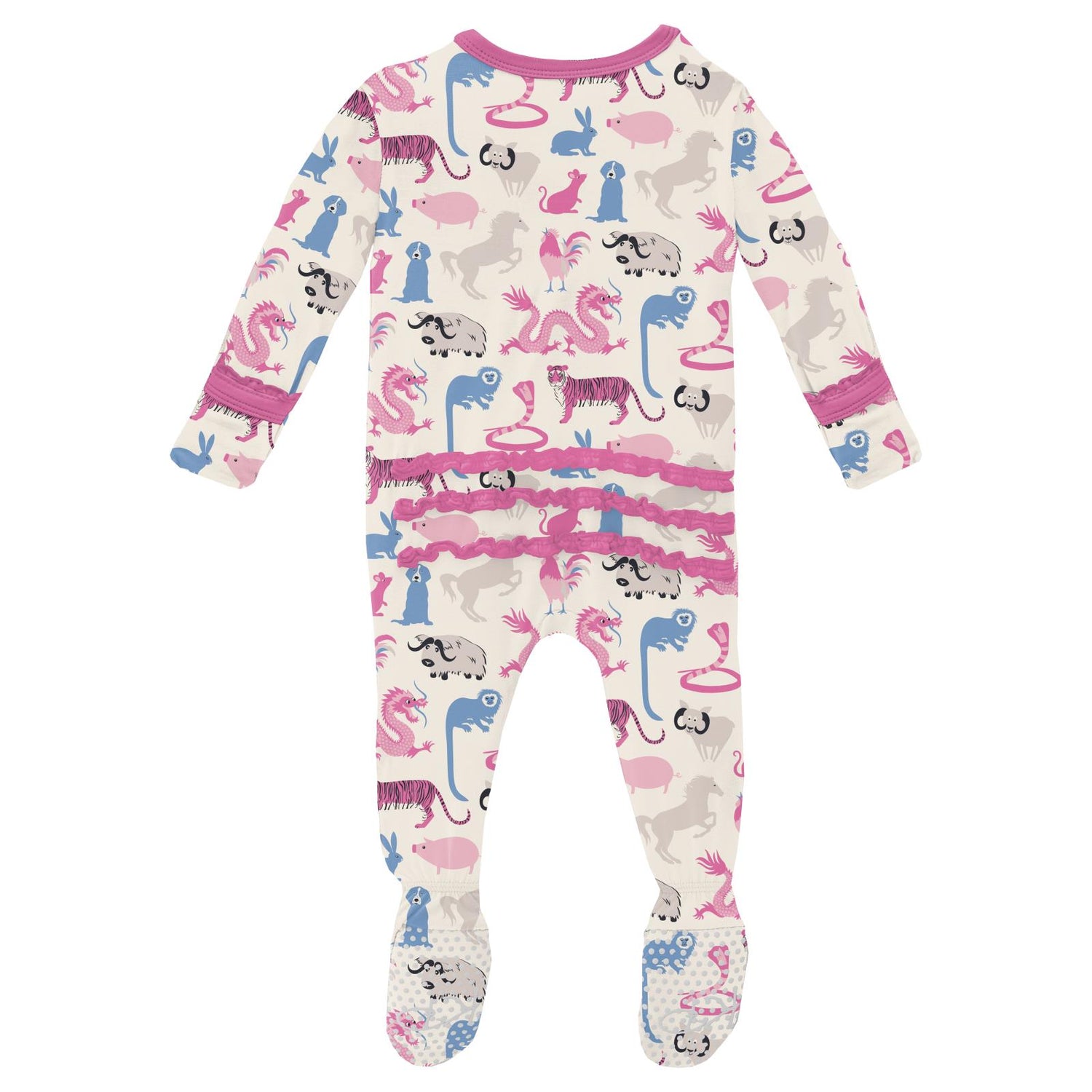 Print Muffin Ruffle Footie with 2 Way Zipper in Natural Chinese Zodiac