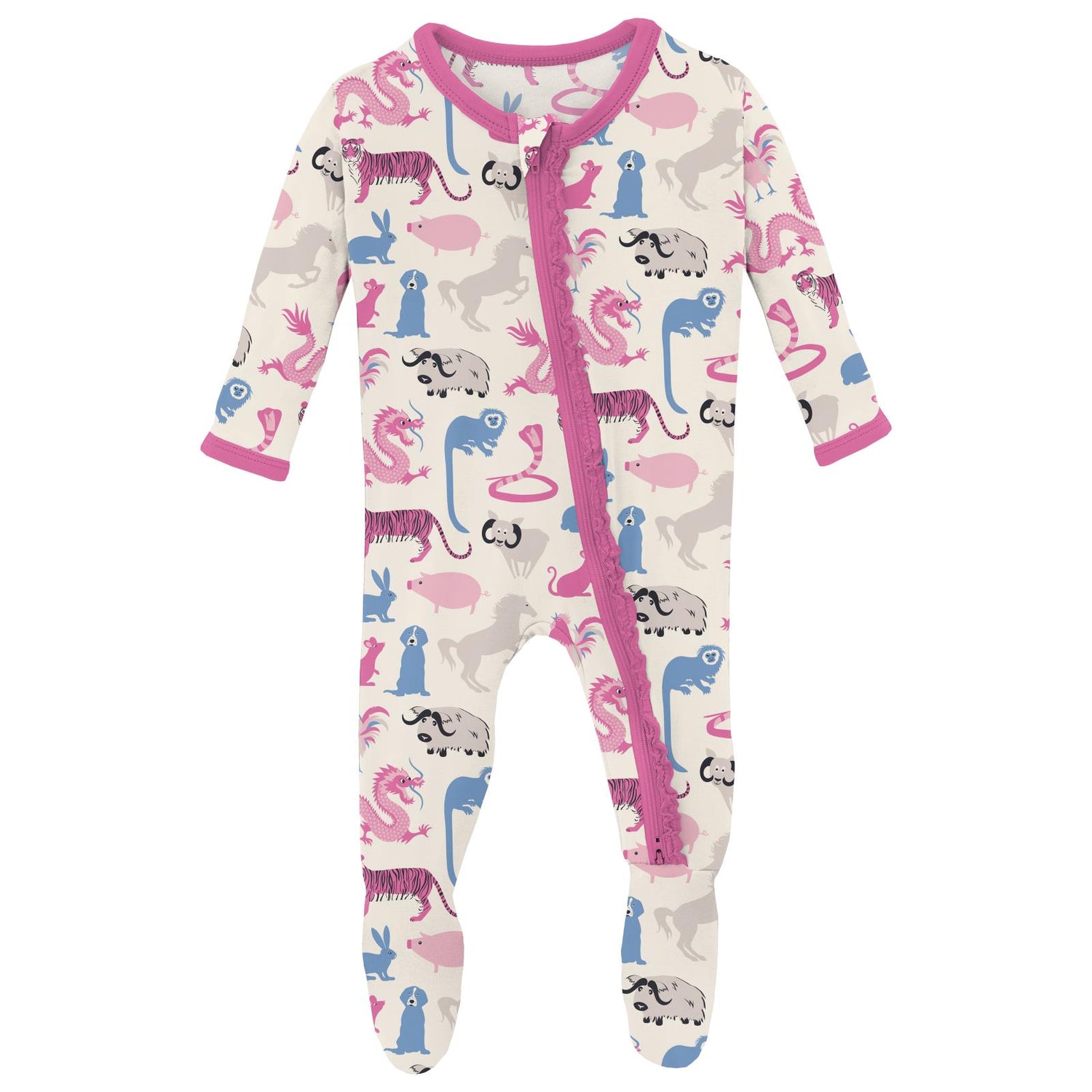 Print Muffin Ruffle Footie with 2 Way Zipper in Natural Chinese Zodiac