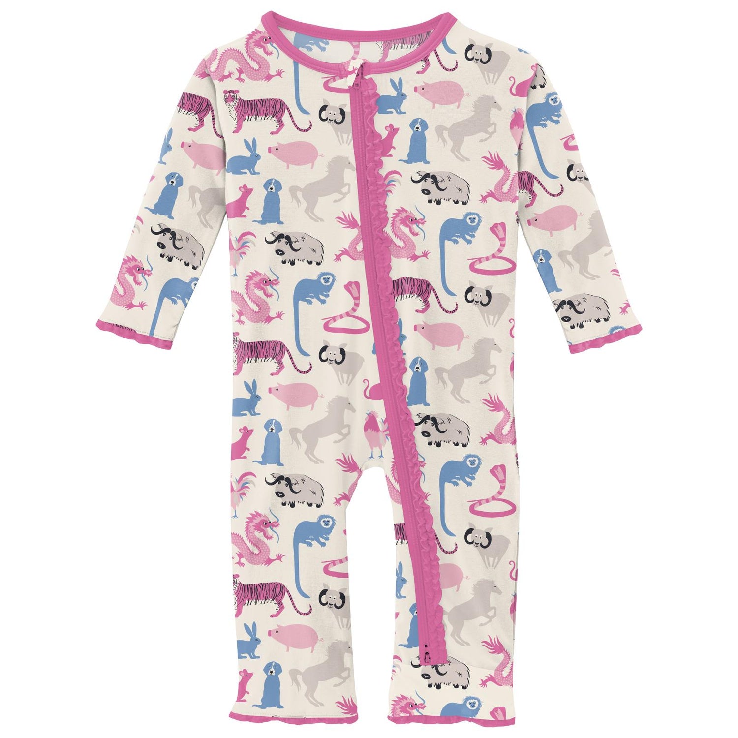 Print Muffin Ruffle Coverall with 2 Way Zipper in Natural Chinese Zodiac