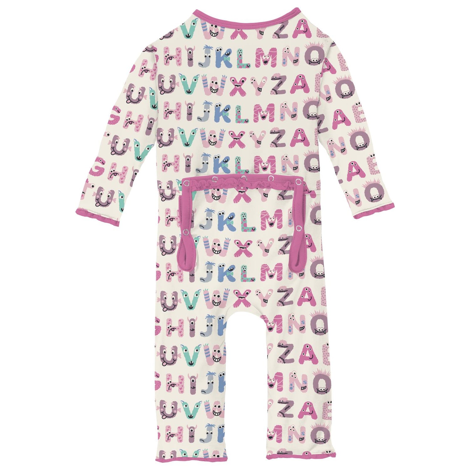 Print Muffin Ruffle Coverall with 2 Way Zipper in Natural ABC Monsters