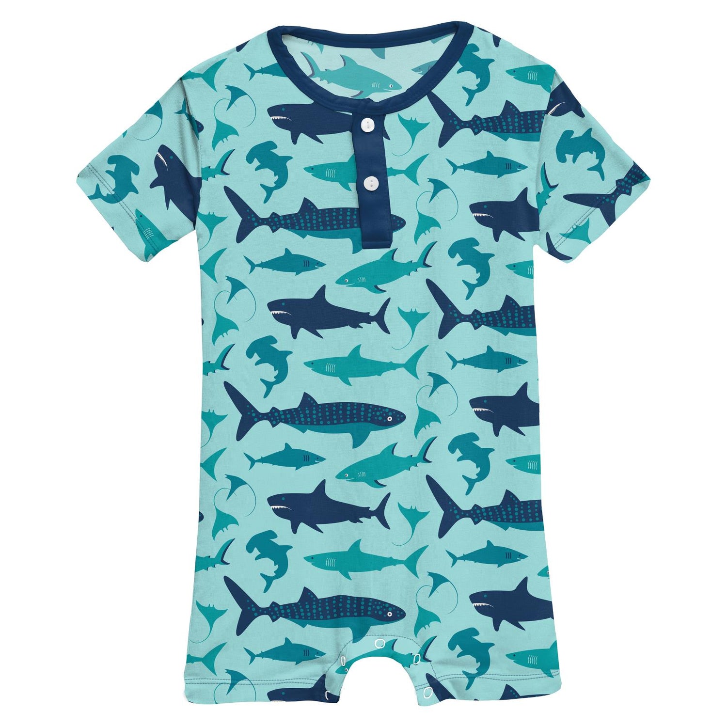 Print Short Sleeve Henley Romper in Summer Sky Shark Week