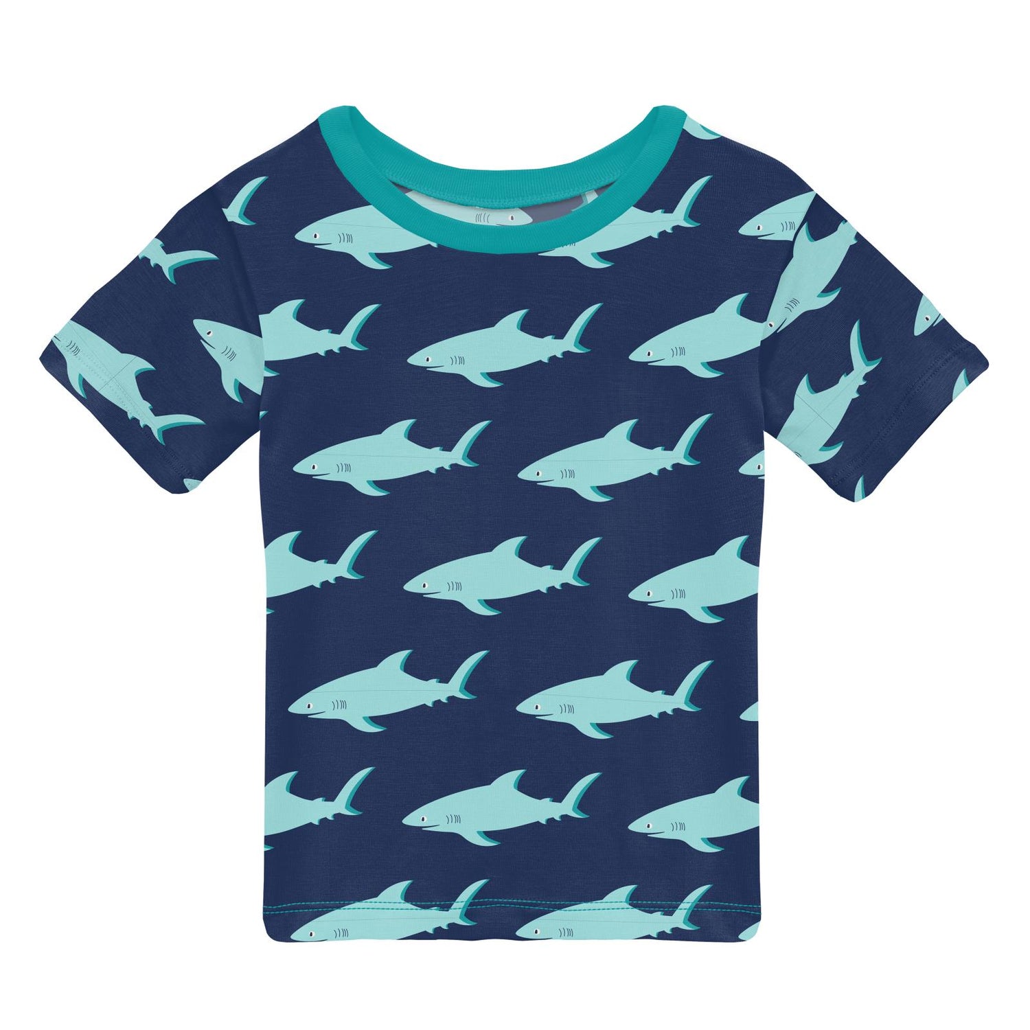 Print Short Sleeve Easy Fit Crew Neck Tee in Flag Blue Sharky