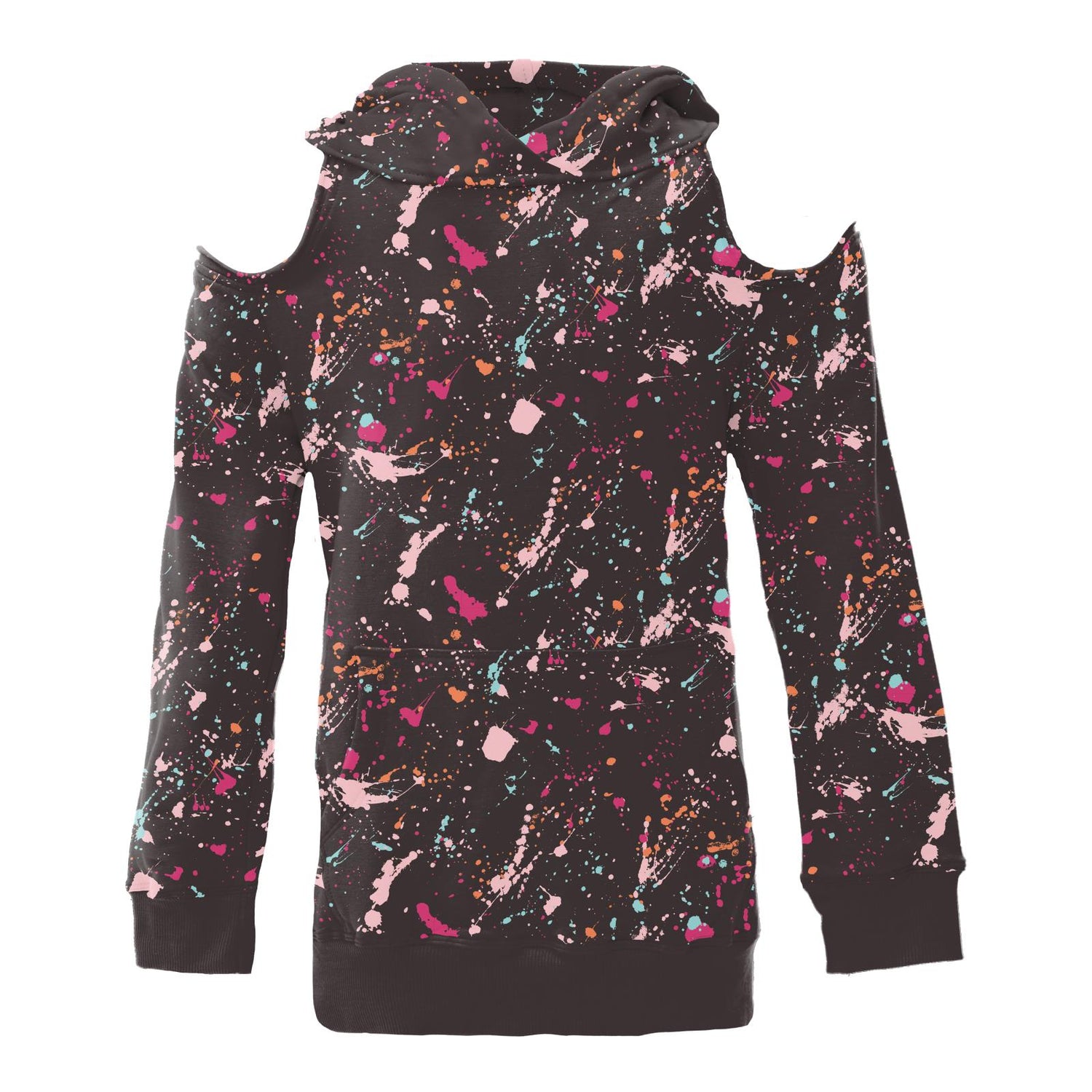 Print Fleece Open-Shoulder Pullover in Calypso Splatter Paint