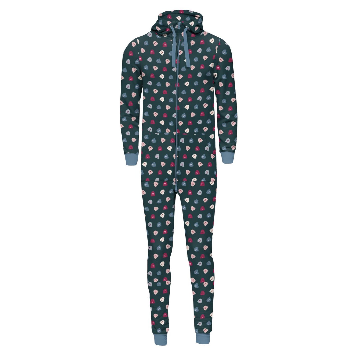 Print Adult Fleece Jumpsuit with Hood in Pine Happy Gumdrops