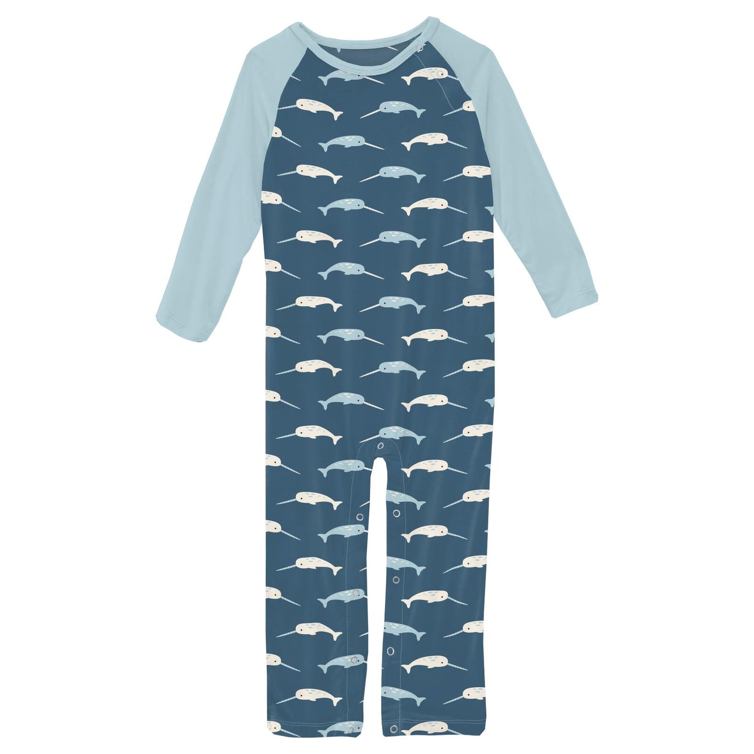 Print Long Sleeve Raglan Romper in Deep Sea Narwhal