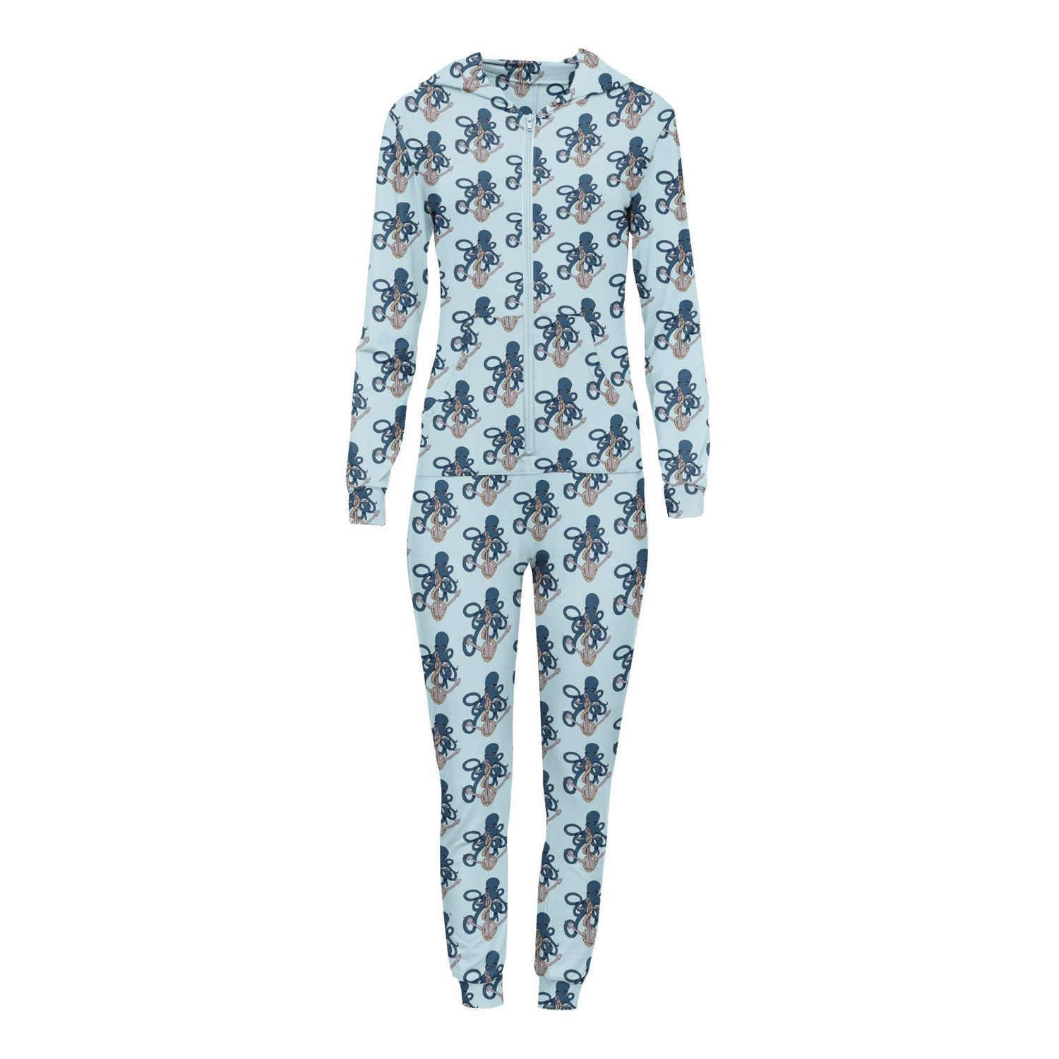 Women's Print Long Sleeve Jumpsuit with Hood in Spring Sky Octopus Anchor