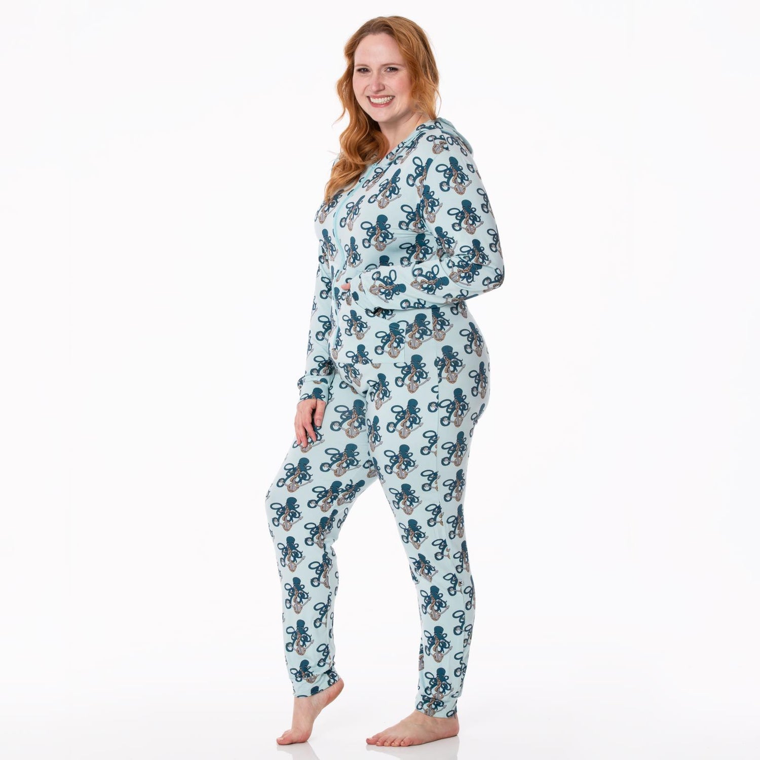 Women's Print Long Sleeve Jumpsuit with Hood in Spring Sky Octopus Anchor