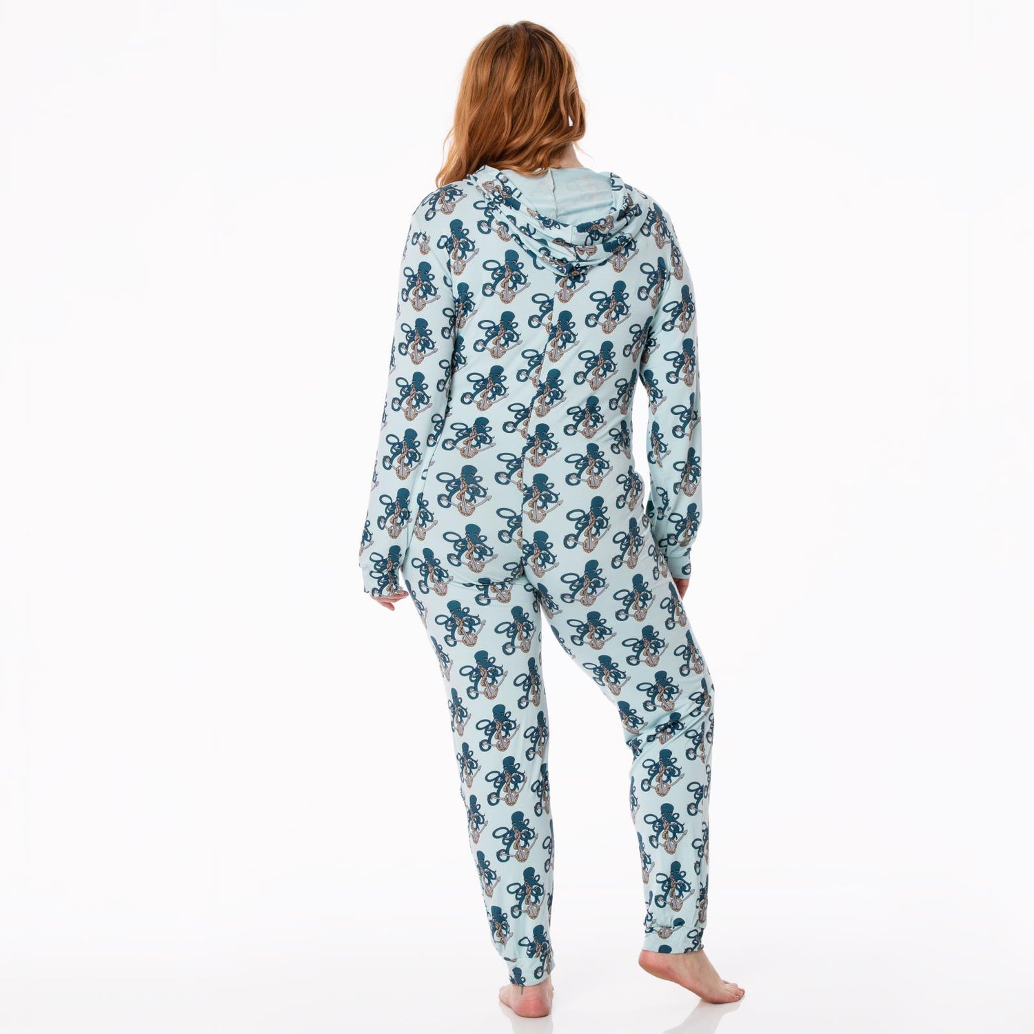 Women's Print Long Sleeve Jumpsuit with Hood in Spring Sky Octopus Anchor