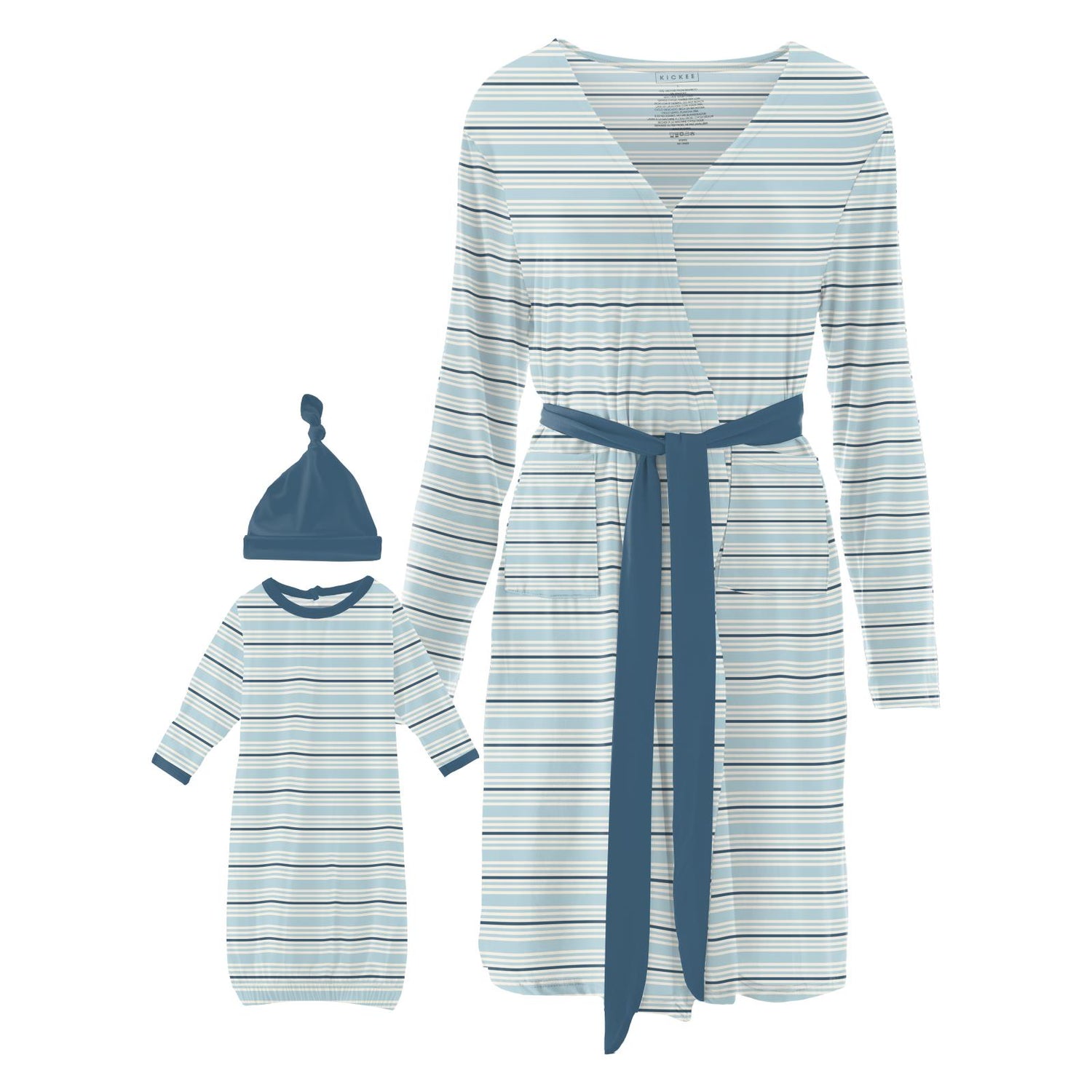 Women's Print Mid Length Lounge Robe & Layette Gown Set in Jetsam Stripe