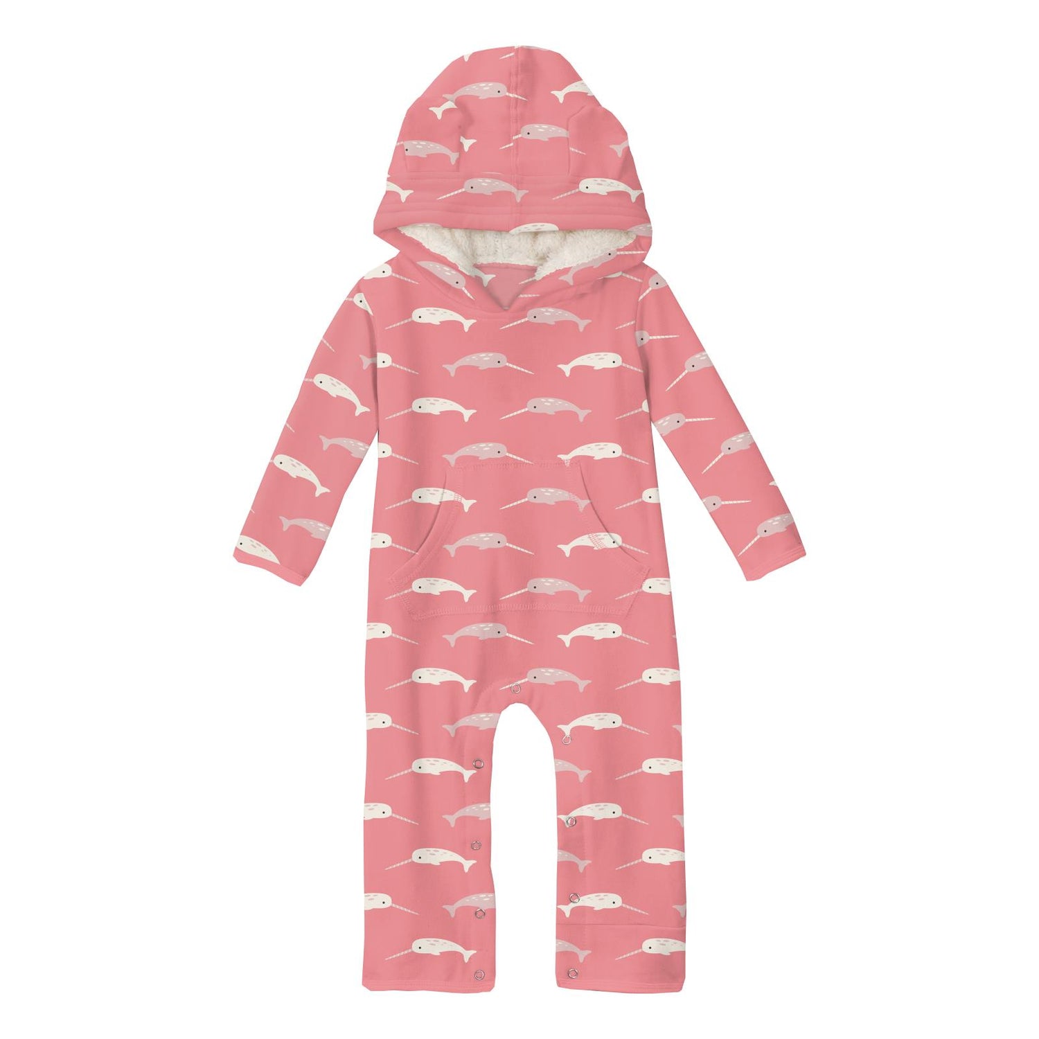 Print Fleece Coverall with Ears and Kangaroo Pocket in Strawberry Narwhal