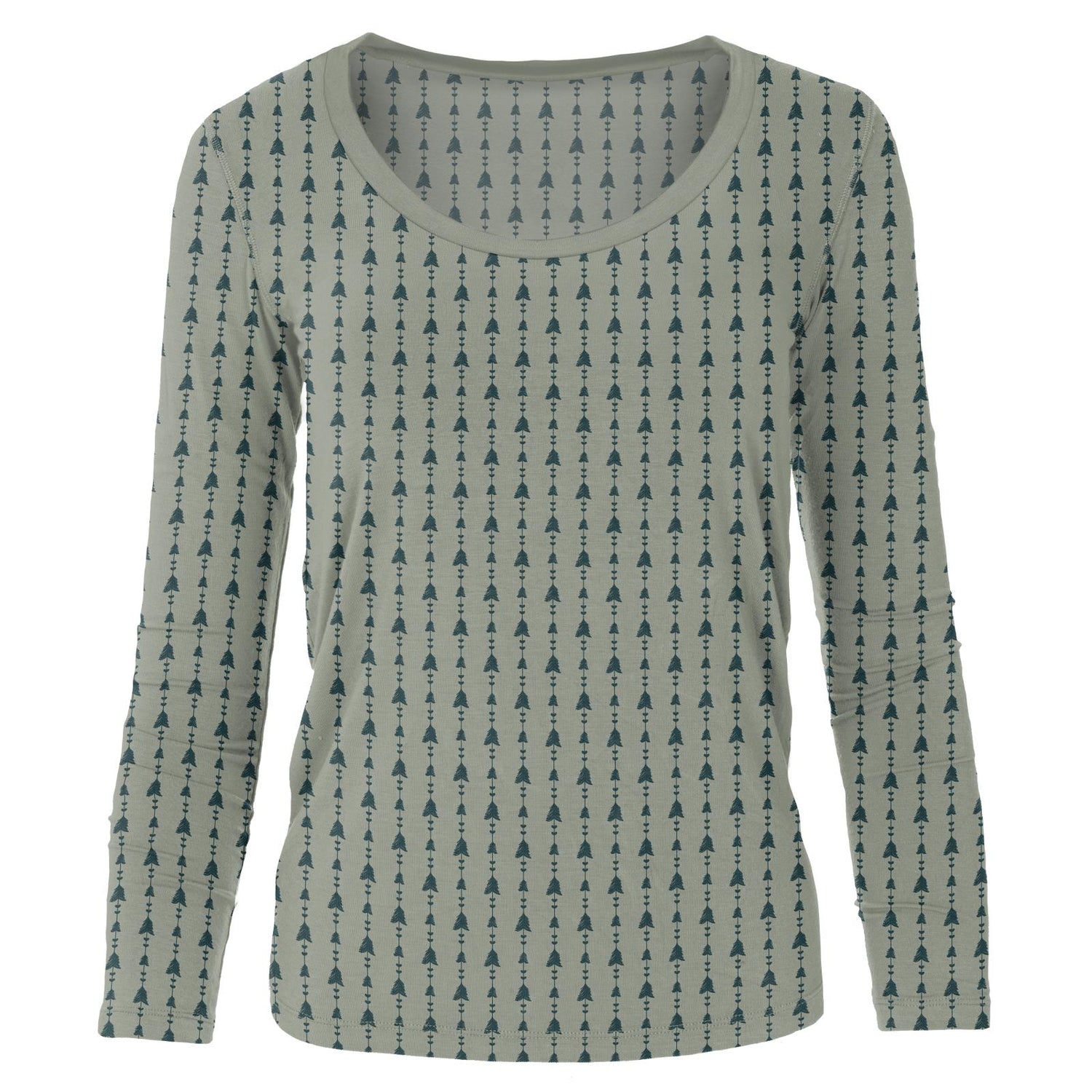 Women's Print Long Sleeve Scoop Neck Tee in Silver Sage Trees & Hearts