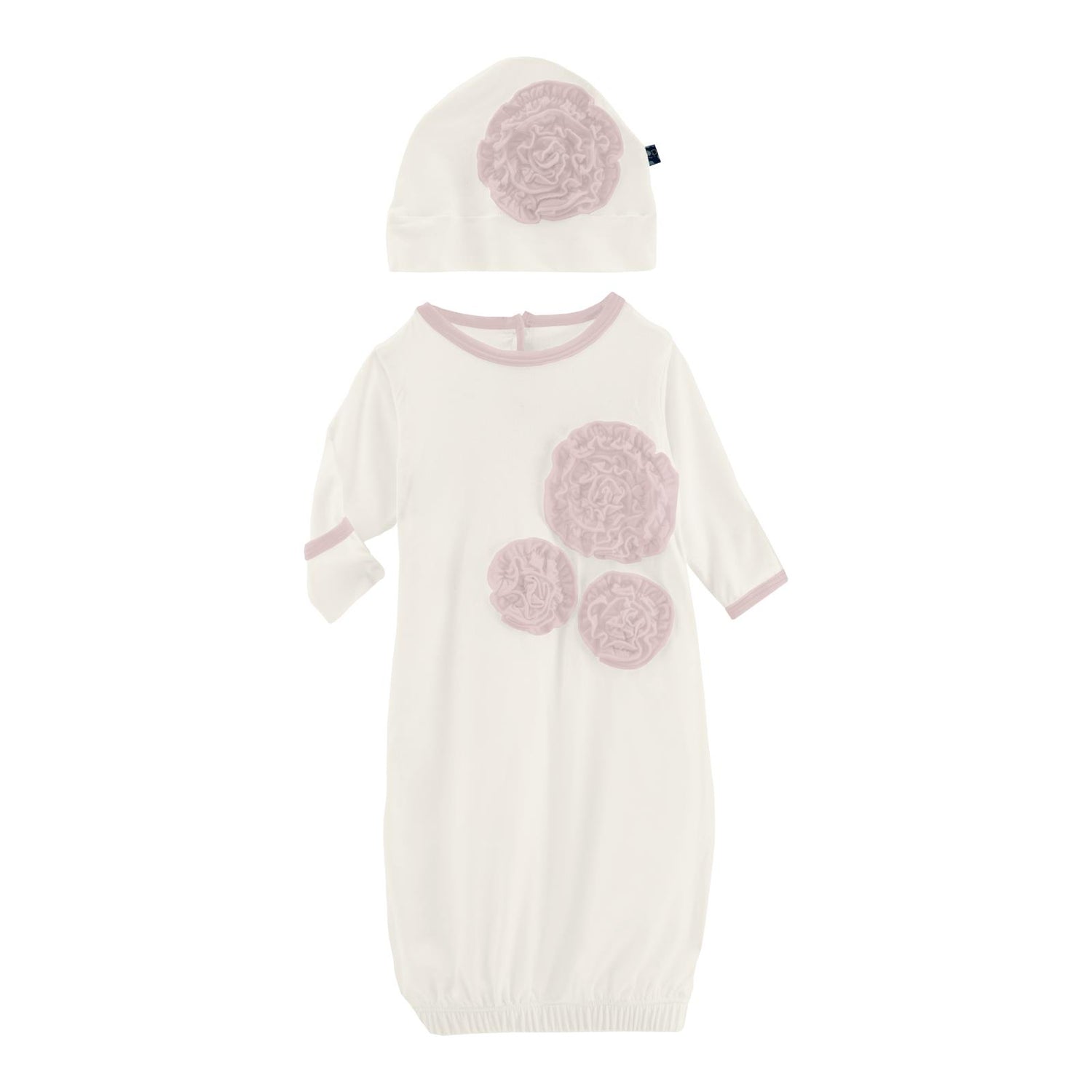 Dahlia Flower Layette Gown & Flower Hat Set in Natural with Baby Rose