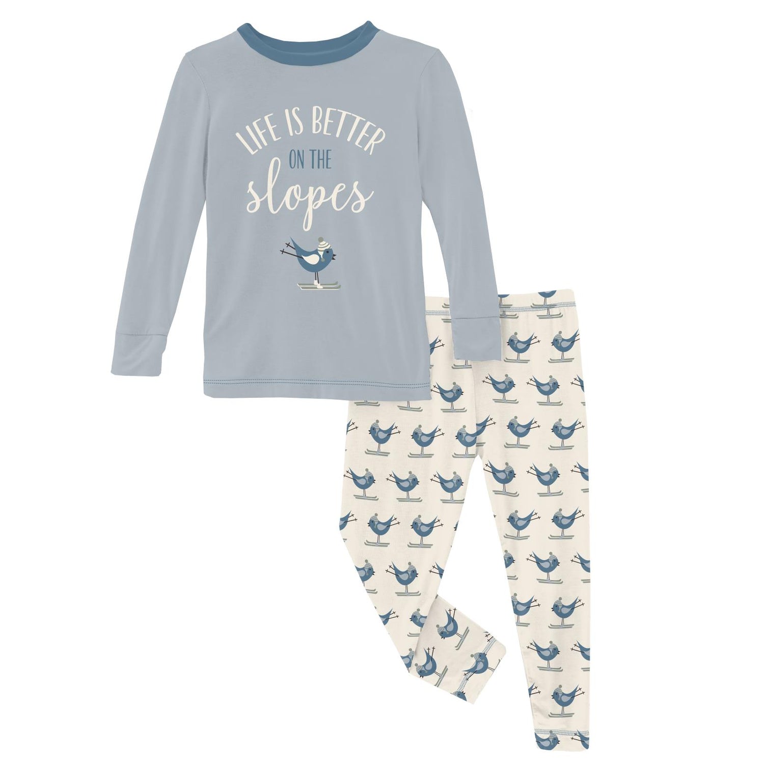 Long Sleeve Graphic Tee Pajama Set in Natural Ski Birds