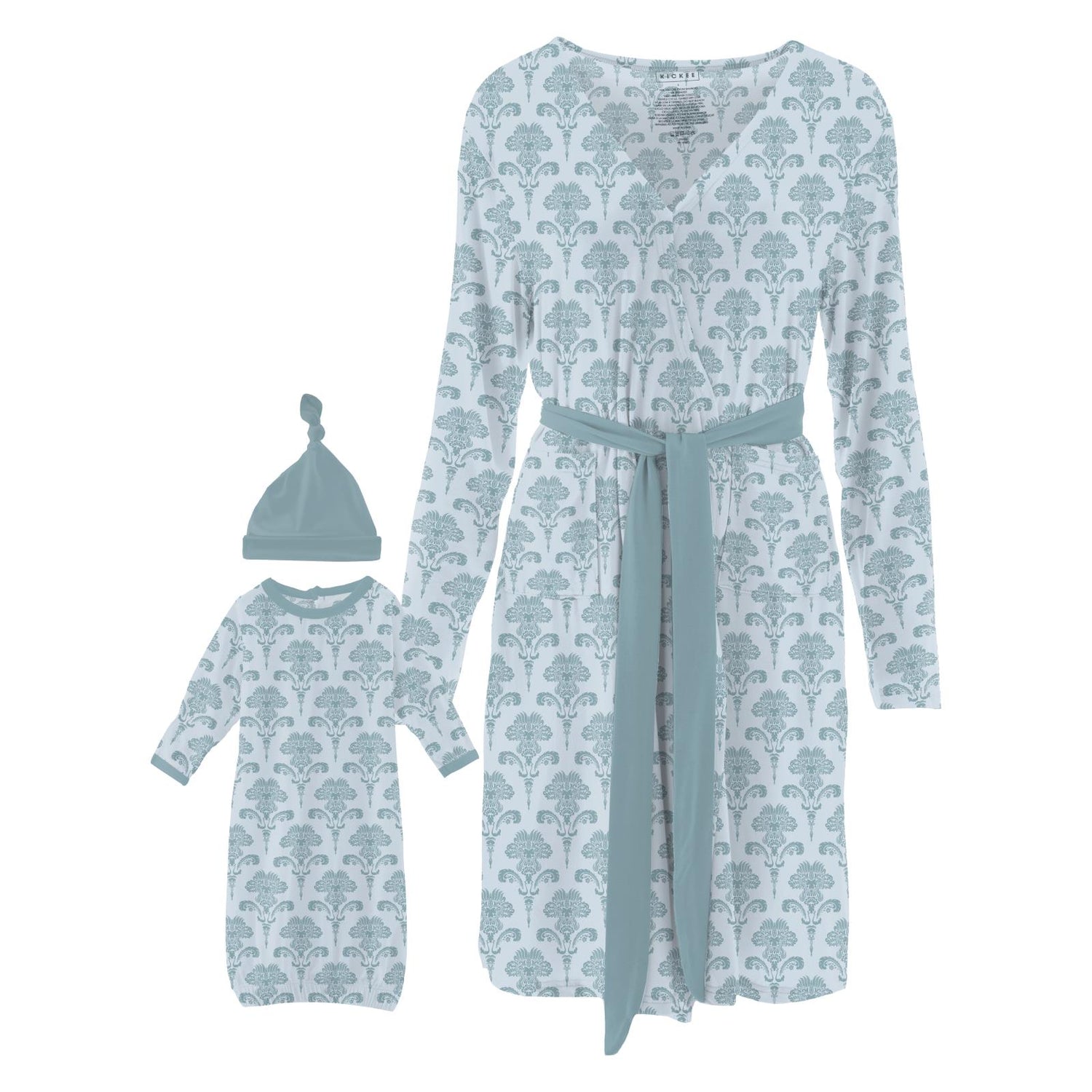 Women's Print Mid Length Lounge Robe & Layette Gown Set in Illusion Blue Damask